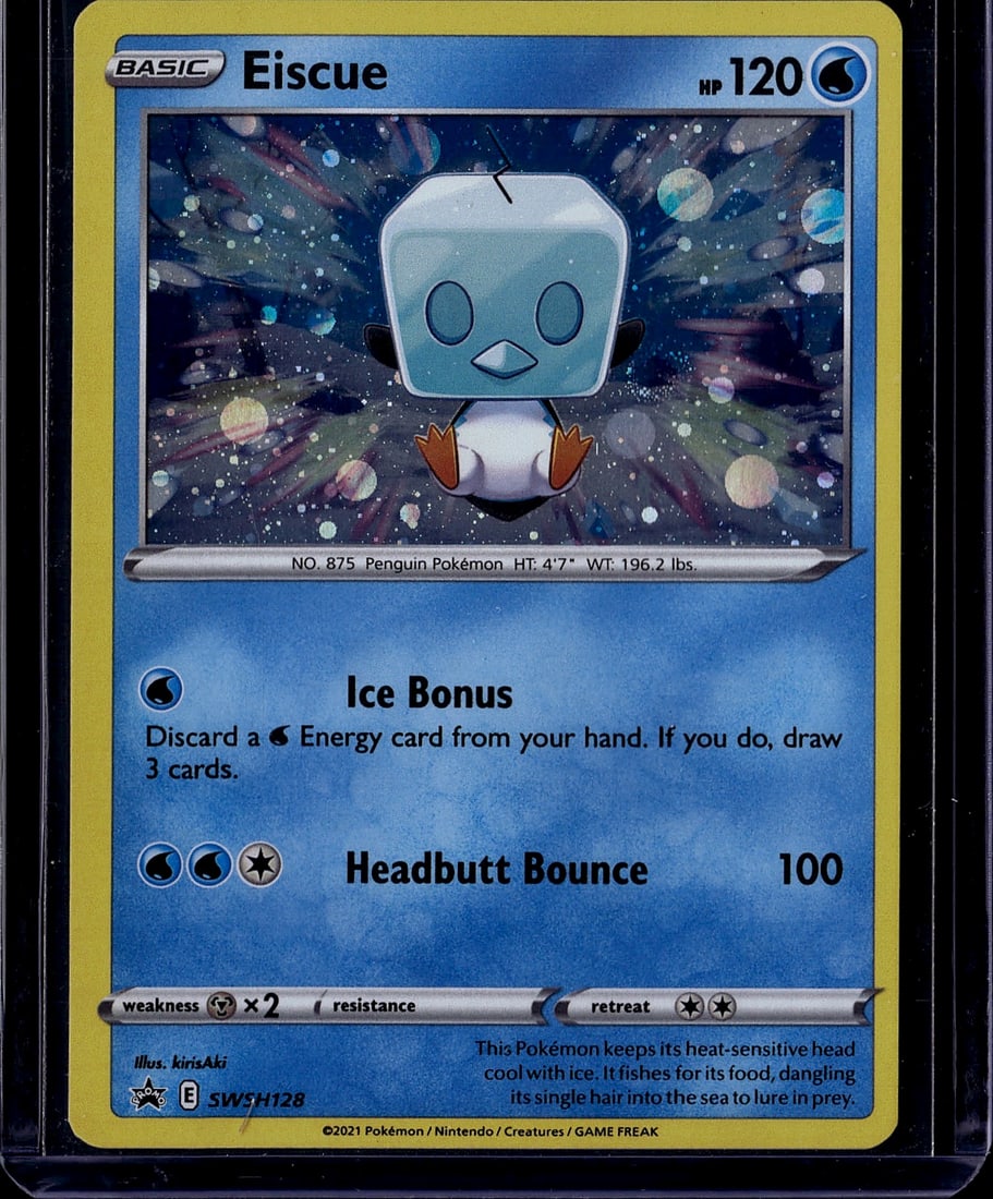 2021 Pokemon Sword & Shield Evolving Skies Eiscue: Eiscue is a Basic Water-type Pokemon card (#047/203) from the Sword & Shield: Evolving Skies expansion, released August 27, 2021. It is an Uncommon card with 120 HP, featuring the attacks Icy Snow (20