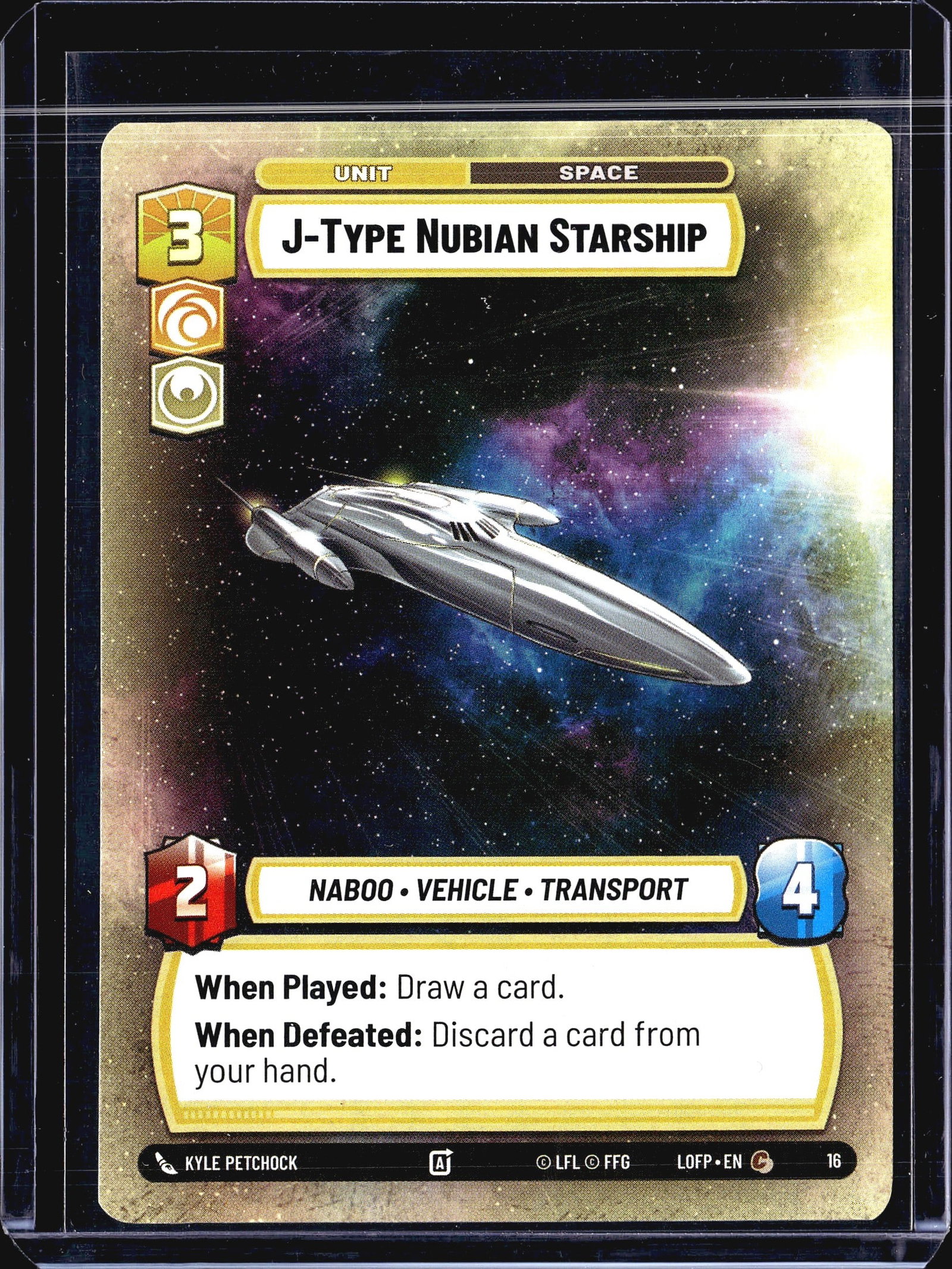 2024 Fantasy Flight Games Legends of the Force 19: This listing features the J-Type Nubian Starship, card #16 from the Star Wars Unlimited trading card game set Legends of the Force (LOFP). It is a Unit card with the Space arena type, carrying a cost 