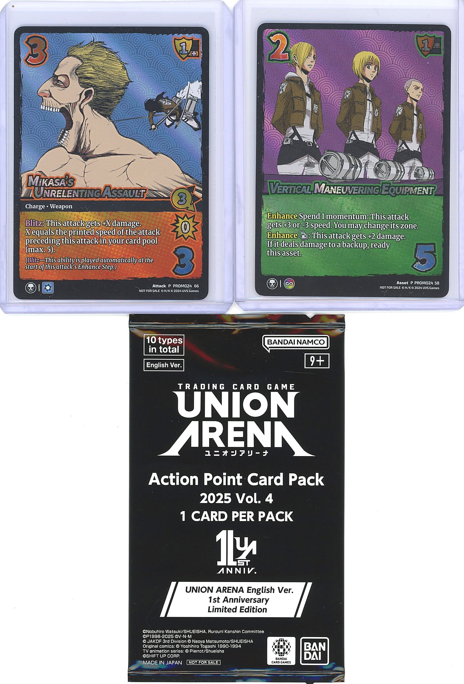 2024 Union Arena Attack on Titan Promo Cards Lot: This listing includes two promotional Union Arena trading cards from the Attack on Titan set, both marked as P PROMO24 and published by UVS Games in 2024. The first card is 'Mikasa's Unrelenting Assau