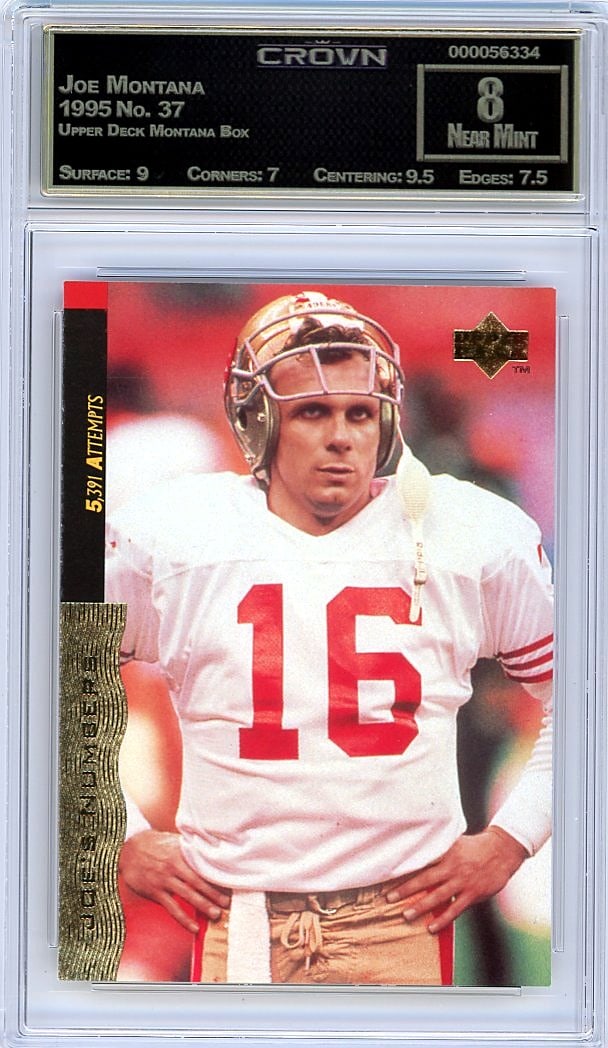 1995 Joe Montana Upper Deck Montana Box #37 Crown: This is a 1995 Joe Montana card from the Upper Deck Montana Box set, card number 37. It's a classic piece from one of the most iconic years in football memorabilia, capturing the legendary quarterback