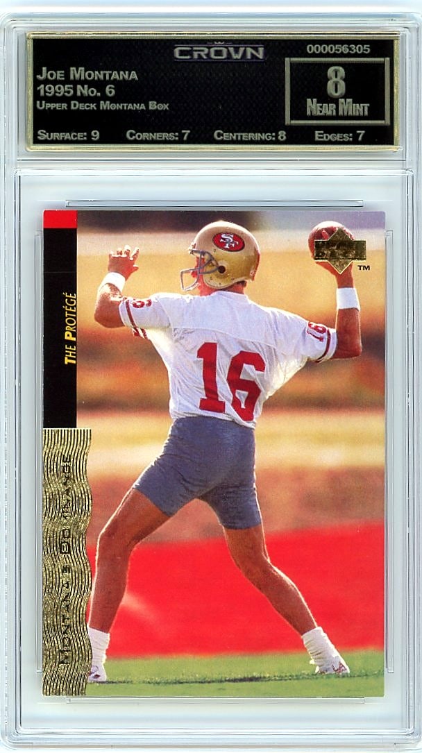 1995 Joe Montana Upper Deck Montana Box Card #6 C: This is a 1995 Joe Montana card from the Upper Deck Montana Box set, card number 6. It comes professionally graded and slabbed by Crown, one of the established third-party grading companies in the tra