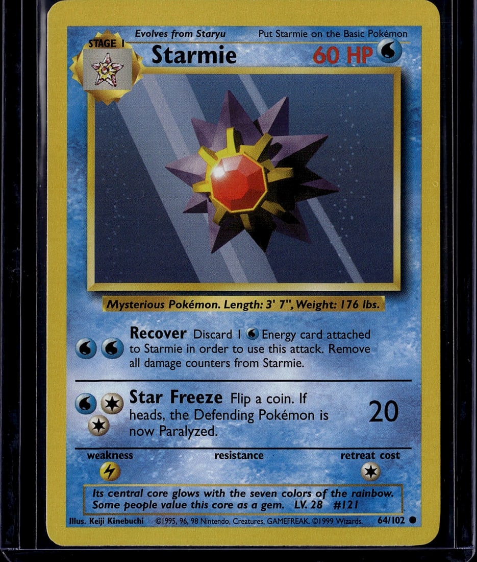 1999 Pokemon Base Set Starmie 64/102 Near Mint Ca: This is a 1999 Starmie Stage 1 Pokemon Trading Card from the Base Set, card number 64/102. Starmie is a Psychic-type evolution of Staryu with 60 HP, illustrated by Keiji Kinebuchi. The card features t