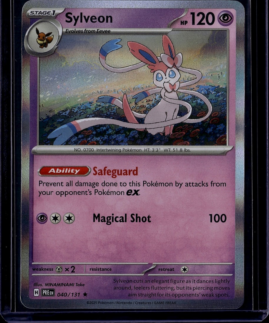 2025 Sylveon 040/131 Scarlet Violet Prismatic Evo: Sylveon 040/131 is a Stage 1 Psychic-type Pokemon card from the 2025 Scarlet & Violet: Prismatic Evolutions set, released January 17, 2025. It features 120 HP, the Safeguard Ability (prevents all