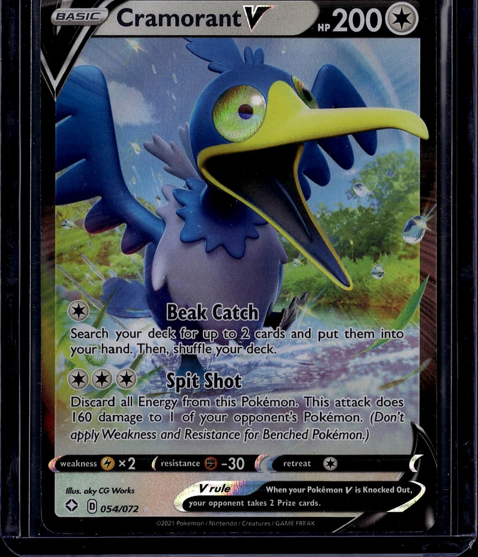 2021 Pokemon Shining Fates Cramorant V 054/072 Ne: This is a raw Cramorant V Basic Pokemon card from the Sword & Shield expansion set, card number 054/072. Released in 2021 by The Pokemon Company, this colorful creature features vibrant artwork by CG 