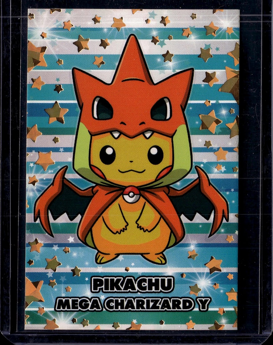 2016 Pokemon XY-P 208/XY-P Poncho Pikachu Mega Ch: A Lightning-type Basic Pokemon Full Art promotional card featuring Pikachu wearing a Mega Charizard Y-styled poncho. Released exclusively in Japan on January 1, 2016, as part of the Mega Charizard Y P