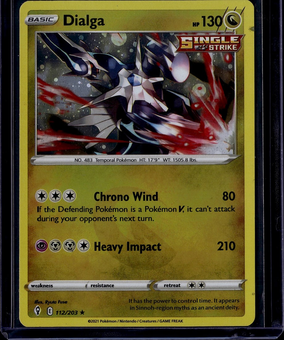 2021 Pokemon Dialga 112/203 Single Strike Basic T: This is a raw 2021 Pokemon Trading Card Game single from the Single Strike expansion set. The card features Dialga, the legendary Temporal Pokemon (NO. 483), with 130 HP. The card displays excellent
