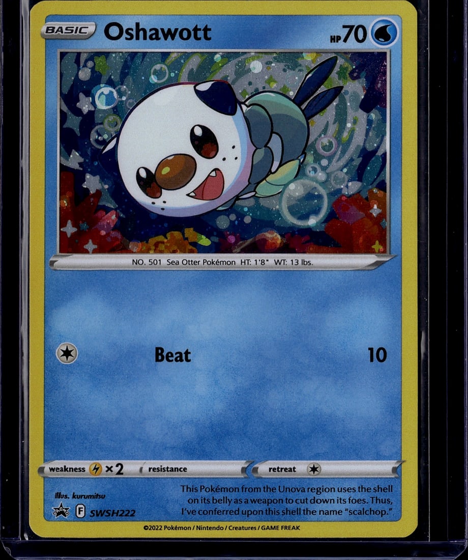2022 Pokemon SWSH Black Star Promos Oshawott SWSH: This is a raw, ungraded 2022 Pokemon Trading Card Game card featuring Oshawott, the beloved Water-type Sea Otter Pokemon from the Unova region. The card is numbered SWSH222 and is part of the Sword &