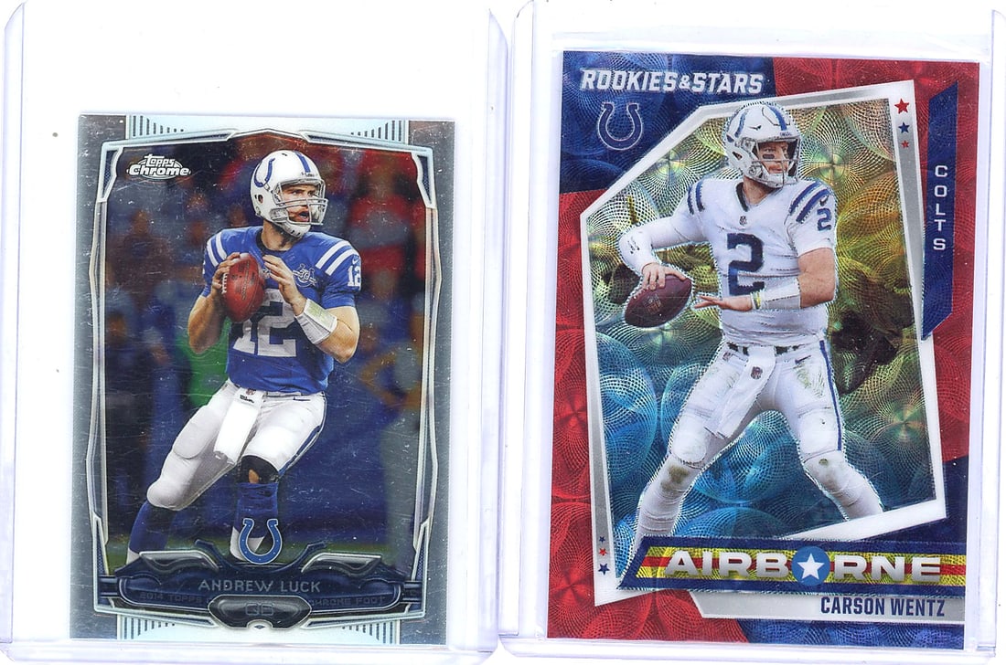 2012 Topps Chrome Mini #47 Andrew Luck Football C: This lot contains two Indianapolis Colts quarterback cards: a 2014 Topps Chrome Andrew Luck card #16 in blue jersey showing the quarterback holding the football, and a 2021 Panini Rookies & Stars Cars