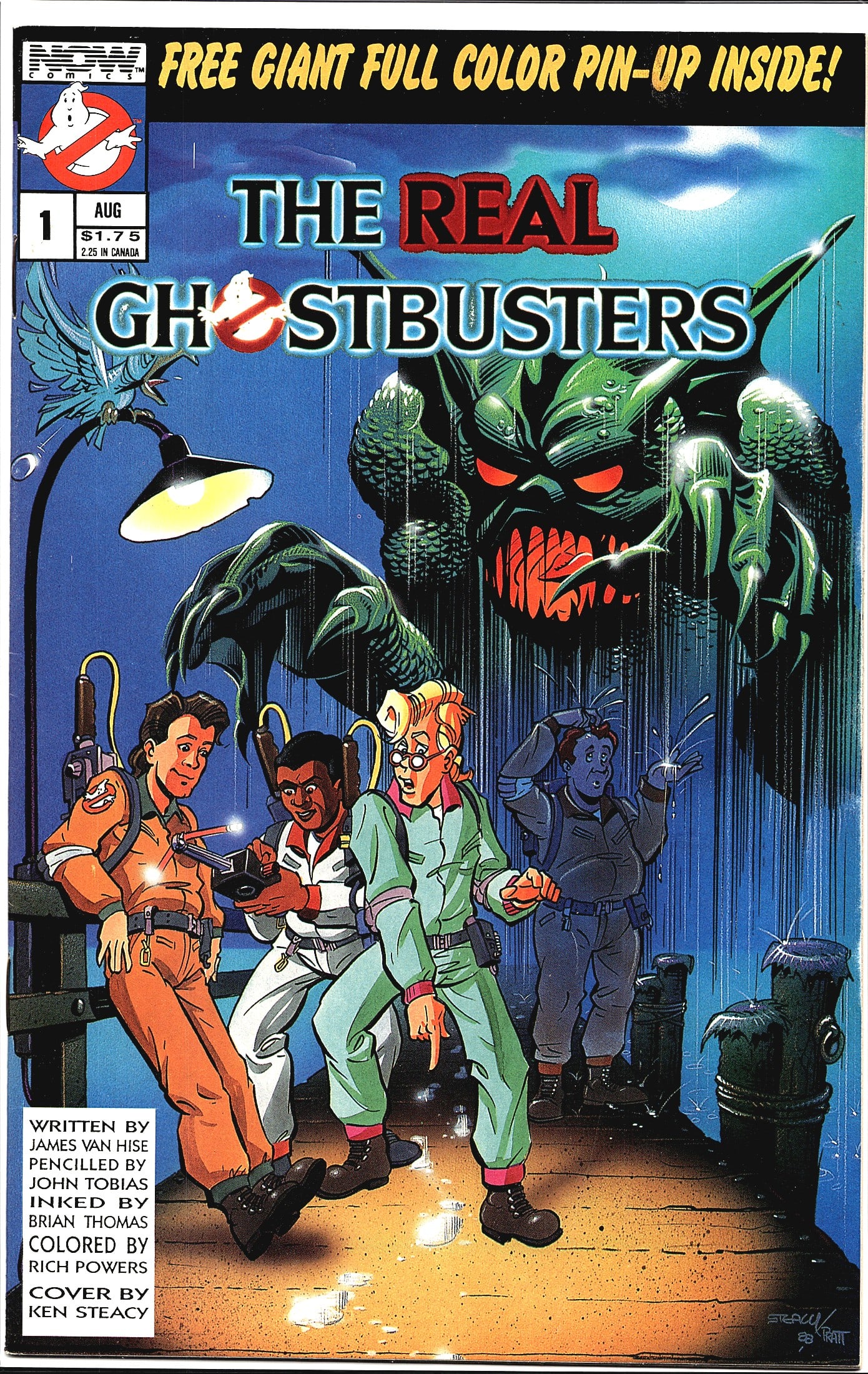 1988 NOW Comics The Real Ghostbusters #1 Newsstan: The Real Ghostbusters #1, published by NOW Comics, dated August 1988. This is the debut issue of the comic series based on the animated television show. The cover art is by Ken Steacy, featuring the f