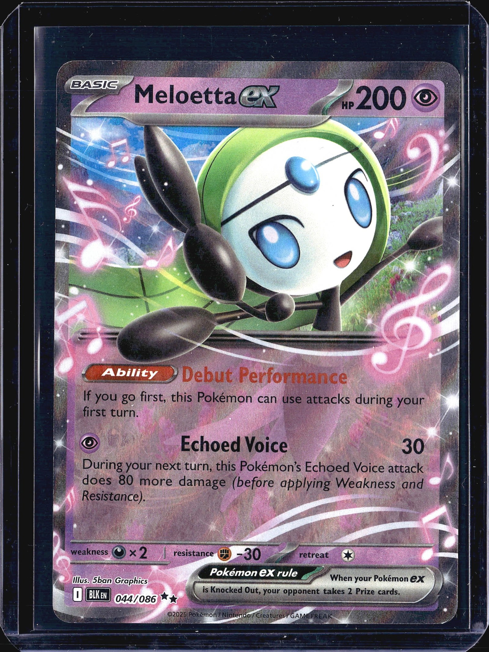 2024 Pokemon Scarlet Violet Black Bolt Meloetta 0: This listing features the 2025 Pokemon Scarlet & Violet Blackout set card Meloetta ex, card number 044/086, illustrated by 5ban Graphics. This is a Basic Psychic-type Pokemon ex with 200 HP. The card