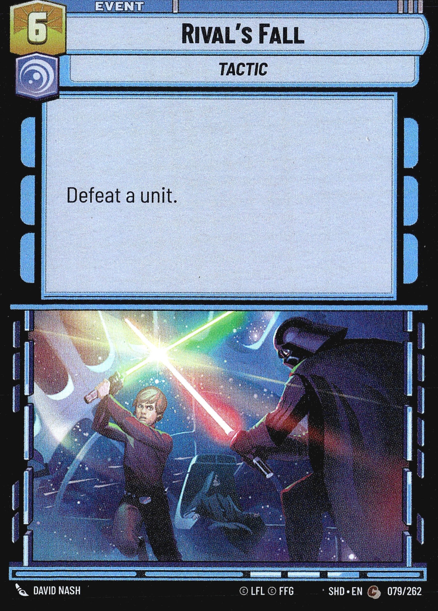 2024 Fantasy Flight Games Star Wars Unlimited Sha: This listing is for Rival's Fall (079/262), an Event - Tactic card from the Star Wars Unlimited trading card game set Shadows of the Galaxy (SHD), published by Fantasy Flight Games. The card costs 6