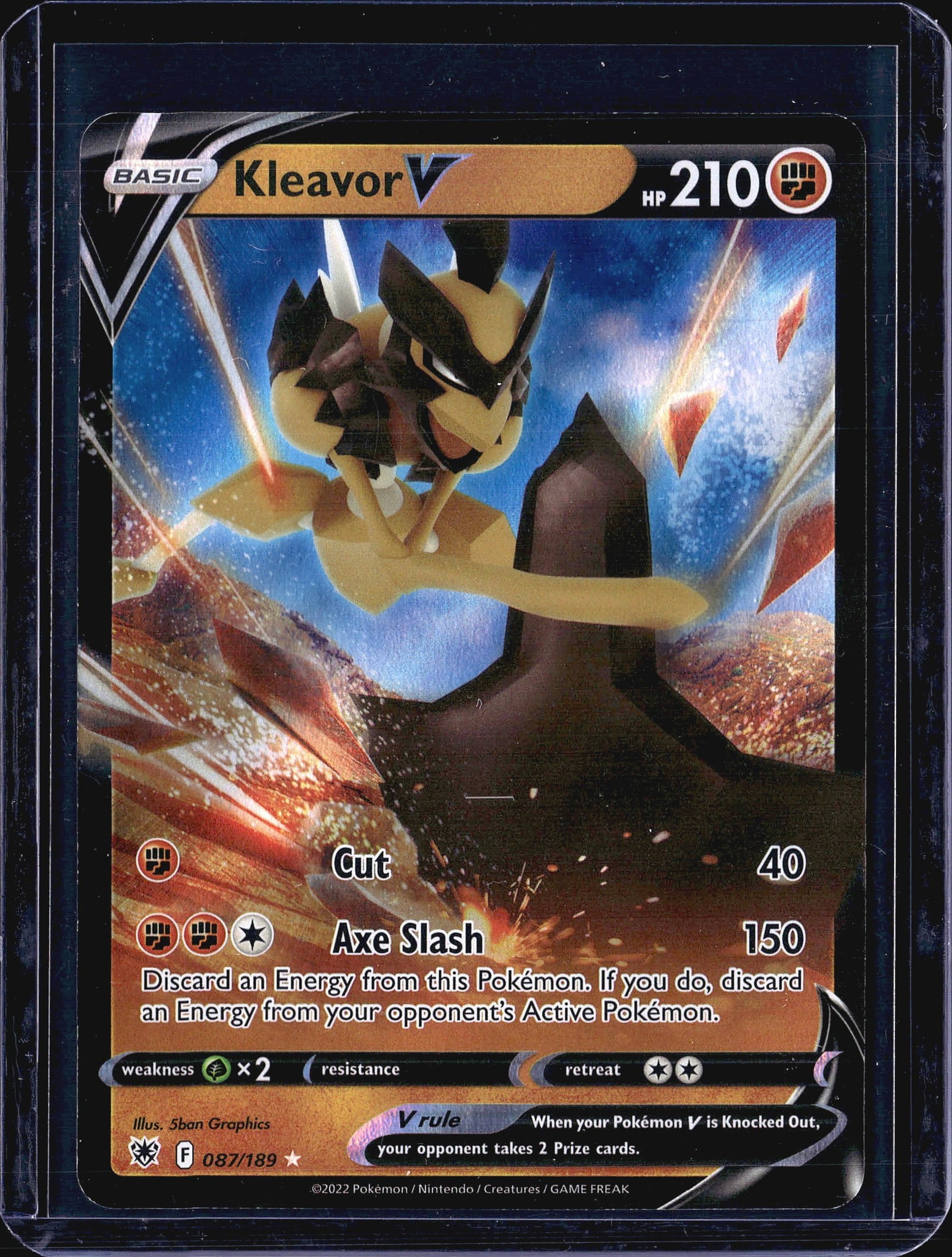 Pokemon 2022 Astral Radiance Kleavor V 087/189 Ho: This listing features the Kleavor V card (#087/189) from the 2022 Pokemon Trading Card Game set Astral Radiance, illustrated by 5ban Graphics. Kleavor V is a Basic Fighting-type Pokemon with 210 HP,
