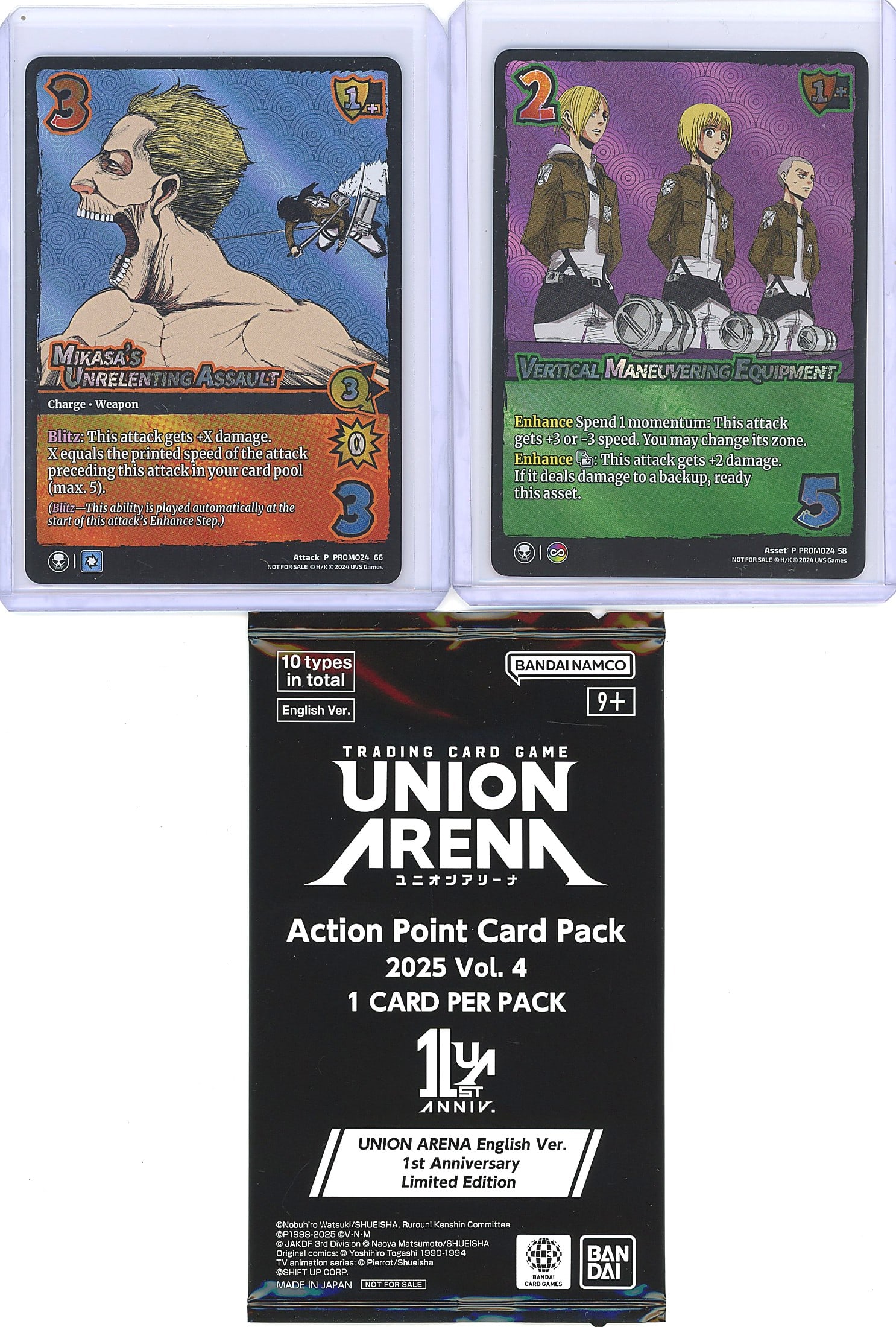 2024 Bandai Union Arena Promo Cards P PROMO24 66: This listing includes two Union Arena promotional cards from the Attack on Titan series - 'Mikasa's Unrelenting Assault' (Attack, P PROMO24 66) and 'Vertical Maneuvering Equipment' (Asset, P PROMO24