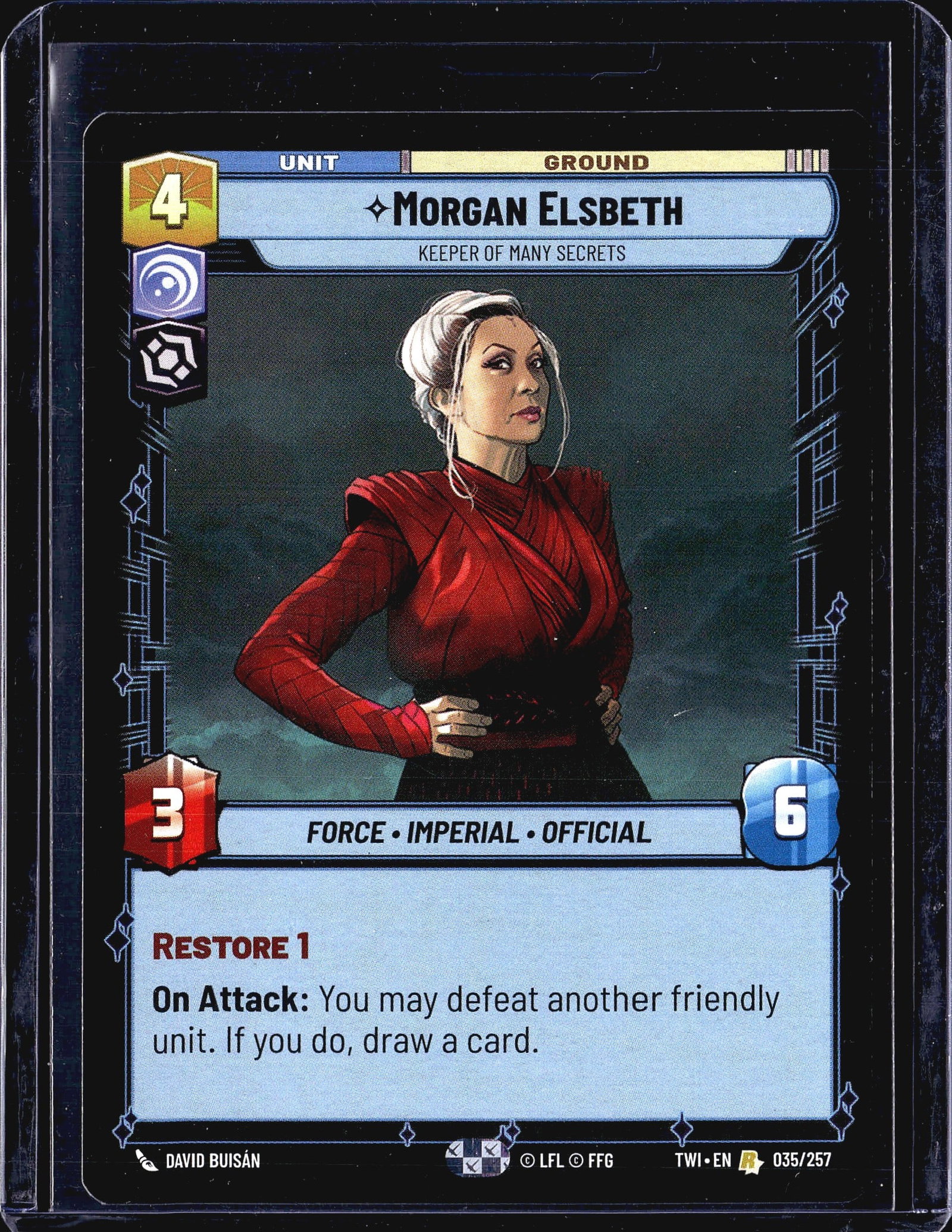 2024 Fantasy Flight Games Star Wars Unlimited Twi: Morgan Elsbeth - Keeper of Many Secrets is card 035/257 from the Star Wars Unlimited Twilight of the Republic set, published by Fantasy Flight Games. This Ground Unit card features the Force,
