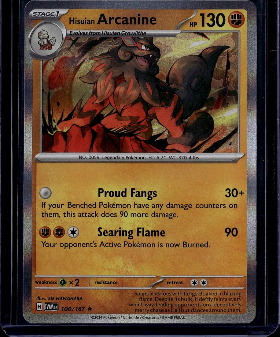 Hisuian Arcanine 100/167 Scarlet & Violet Pokemon: This is a Hisuian Arcanine Pokemon Trading Card from the Scarlet & Violet set, card number 100/167. Hisuian Arcanine is a Stage 1 Fire-type Legendary Pokemon that evolves from Hisuian Growlithe,