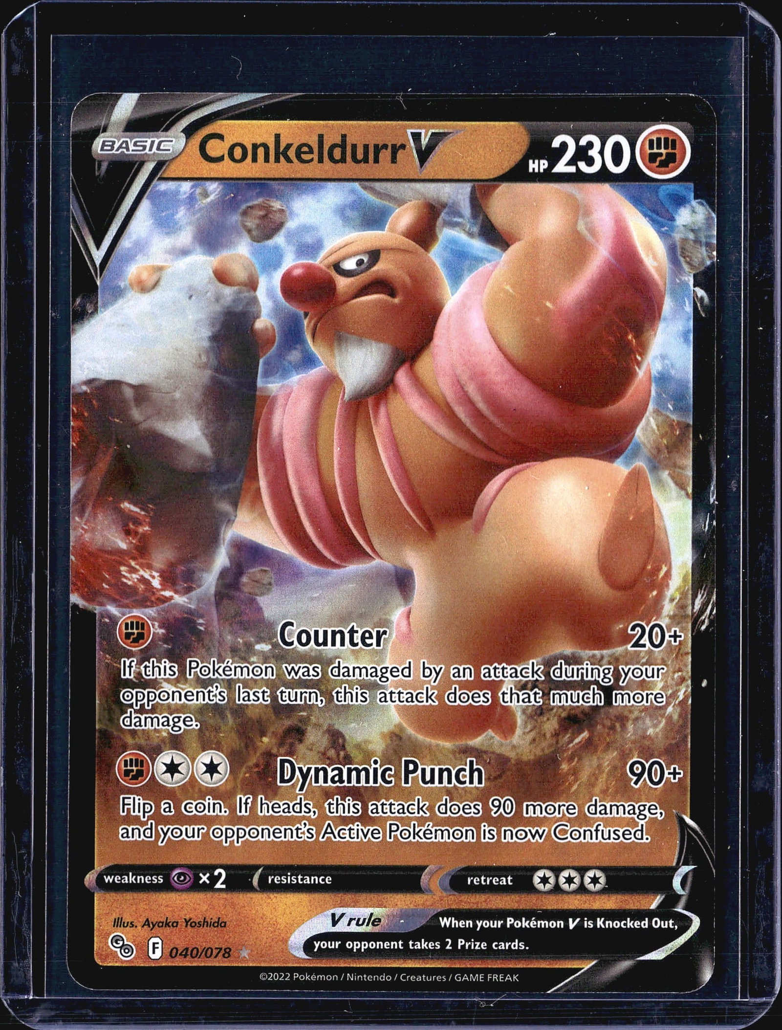 Pokemon GO 2022 Conkeldurr V Card 040/078: This listing features the 2022 Conkeldurr V card numbered 040/078 from the Pokemon GO expansion set. It is a Basic Fighting-type Pokemon V with 230 HP. The card features two attacks: Counter (20+