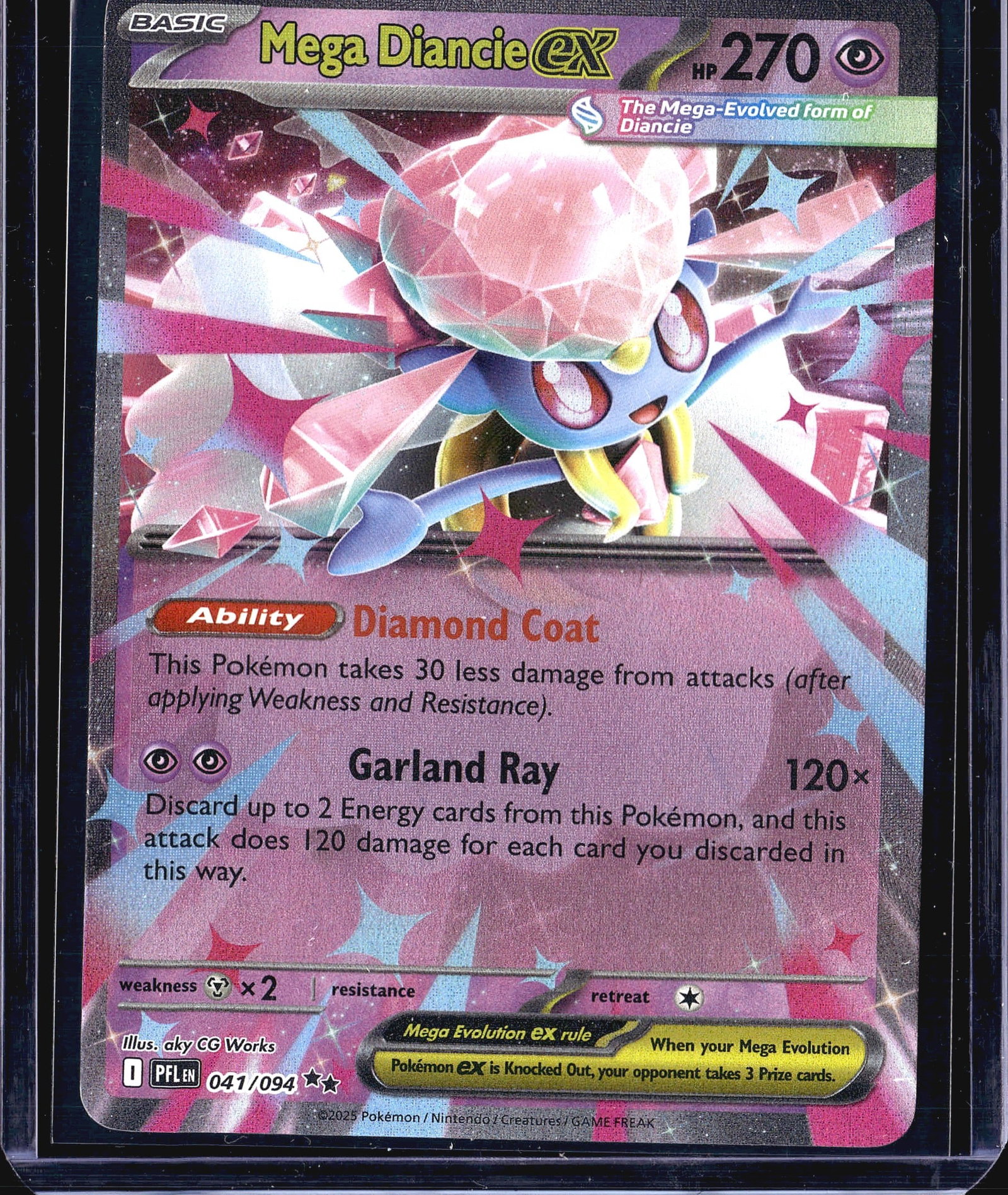 2025 Pokemon Prismatic Evolutions Mega Diancie ex: This listing features the 2025 Pokemon TCG Mega Diancie ex card numbered 041/094 from the Prismatic Evolutions expansion set. Classified as a Basic Psychic-type Pokemon ex, this card boasts 270 HP