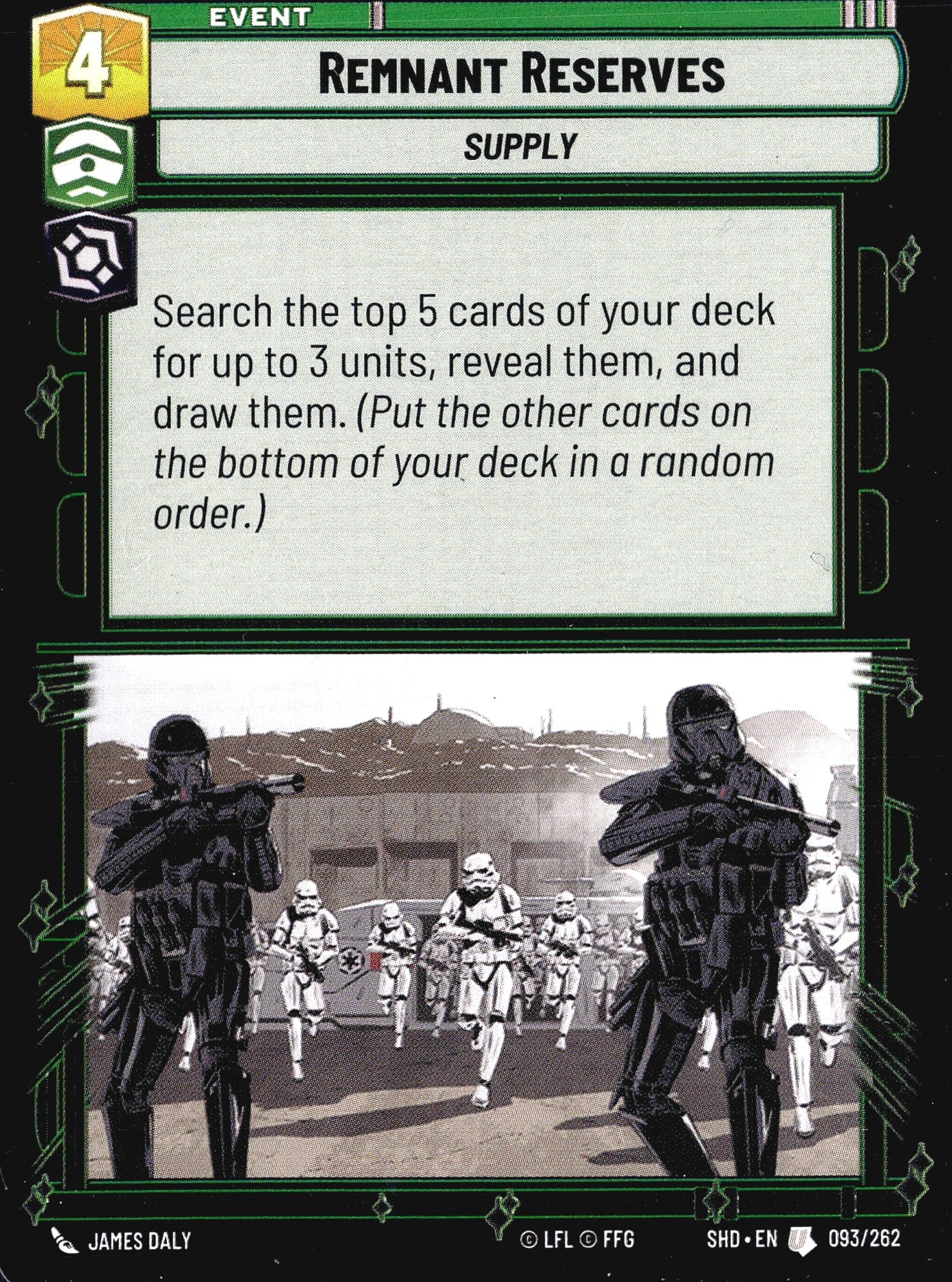 2024 Fantasy Flight Games Star Wars Unlimited Sha: Remnant Reserves is card number 093/262 from the Star Wars Unlimited Trading Card Game set Shadows of the Galaxy (set code SHD). This is an Event card with the Supply subtype, costing 4 resources to