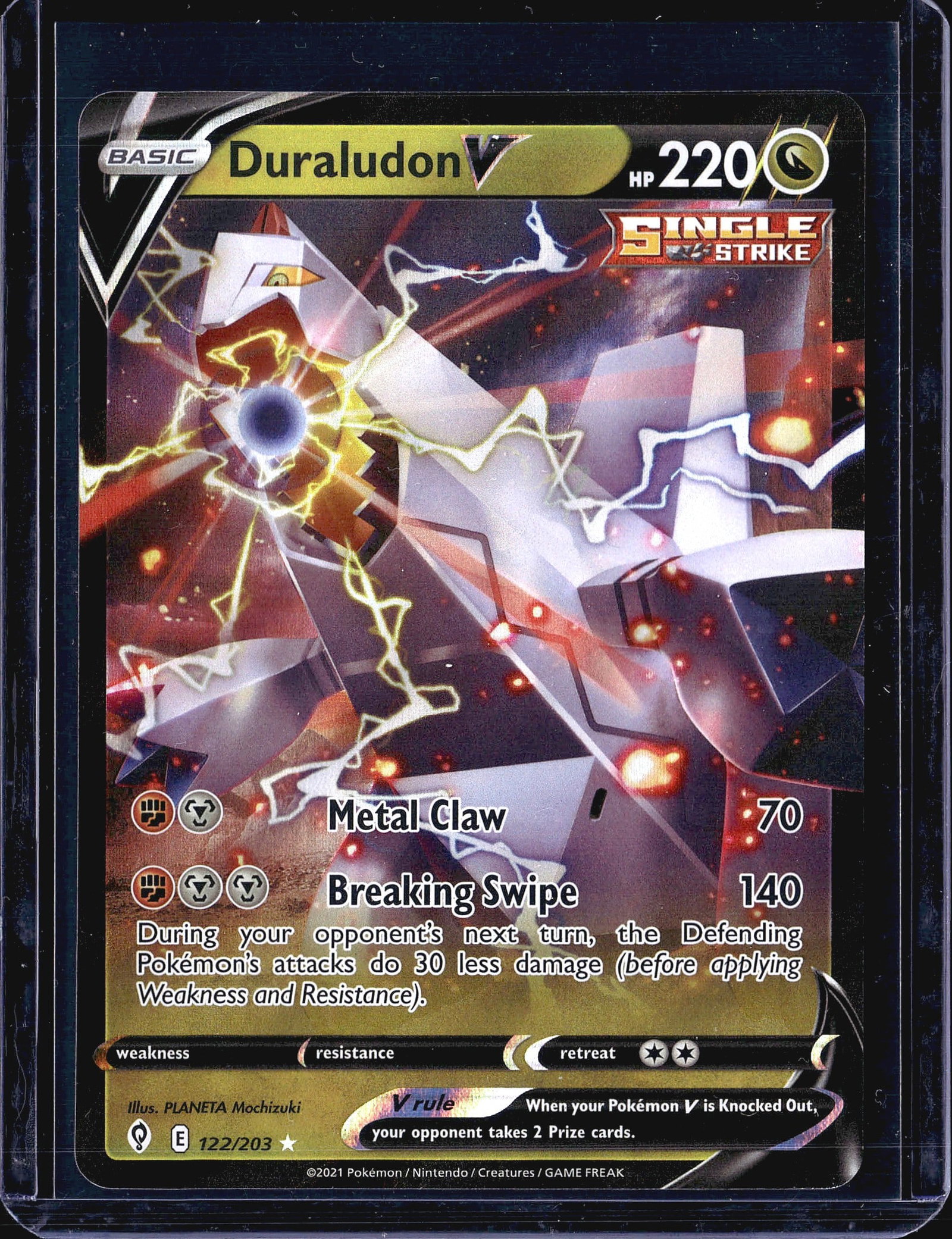 Pokemon 2021 Evolving Skies Duraludon V Single St: This listing features the 2021 Pokemon TCG Duraludon V card numbered 122/203 from the Evolving Skies expansion set. Duraludon V is a Basic Pokemon with 220 HP and the Single Strike battle style