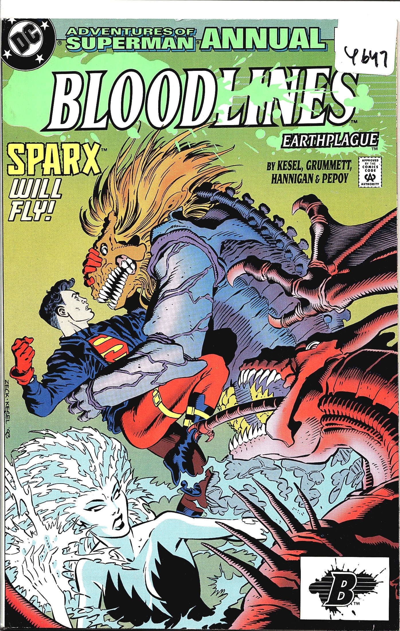 1993 DC Comics Adventures of Superman Annual #5 C: This is a raw copy of Adventures of Superman Annual featuring the Bloodlines: Earthplague crossover event, published by DC Comics. The cover prominently features Sparx alongside Superman and a large