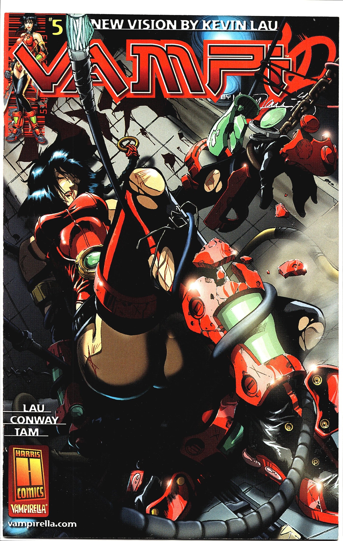 2001 Harris Comics Vampi #5 1st Print Comic Book: Vampi #5 published by Harris Comics under the Vampirella imprint, featuring a new vision by Kevin Lau. Credits on the cover list Lau, Conway, and Tam as the creative team. The cover art showcases the