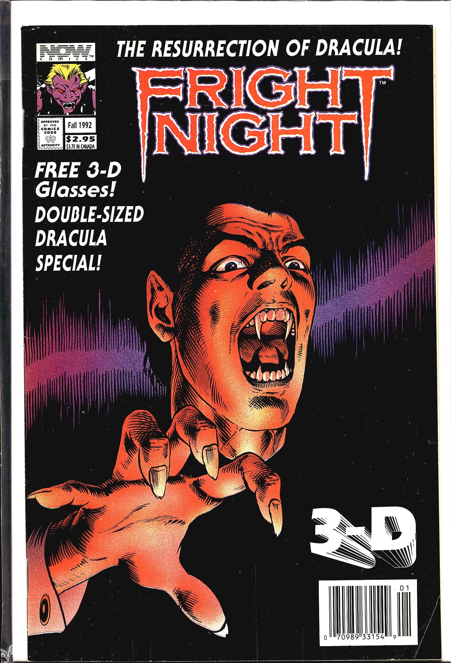1992 Now Comics Fright Night 3-D Fall Special #1: This is the Fall 1992 double-sized special issue of Fright Night, published by Now Comics, titled 'The Resurrection of Dracula.' The cover features dramatic artwork of a vampiric figure with fangs bar