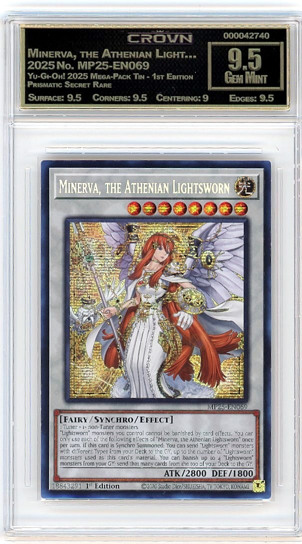 2025 Yu-Gi-Oh! Minerva Athenian Light MP25-EN069: This is a 2025 Yu-Gi-Oh! trading card featuring Minerva, the Athenian Light from the Mega-Pack Tin 1st Edition Prismatic Secret Rare set. The card is numbered MP25-EN069 and represents a premium relea
