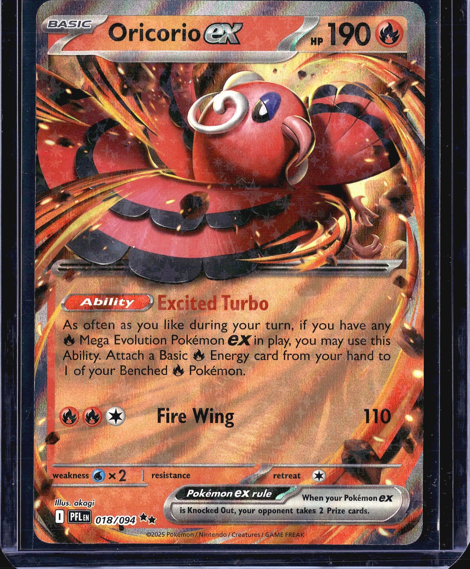 2025 Pokemon Prismatic Evolutions Oricorio ex 018: This listing features a 2025 Pokemon Trading Card Game card - Oricorio ex, card number 018/094 from the Prismatic Evolutions set (set code PFL, English edition). This is a Basic Fire-type Pokemon ex w