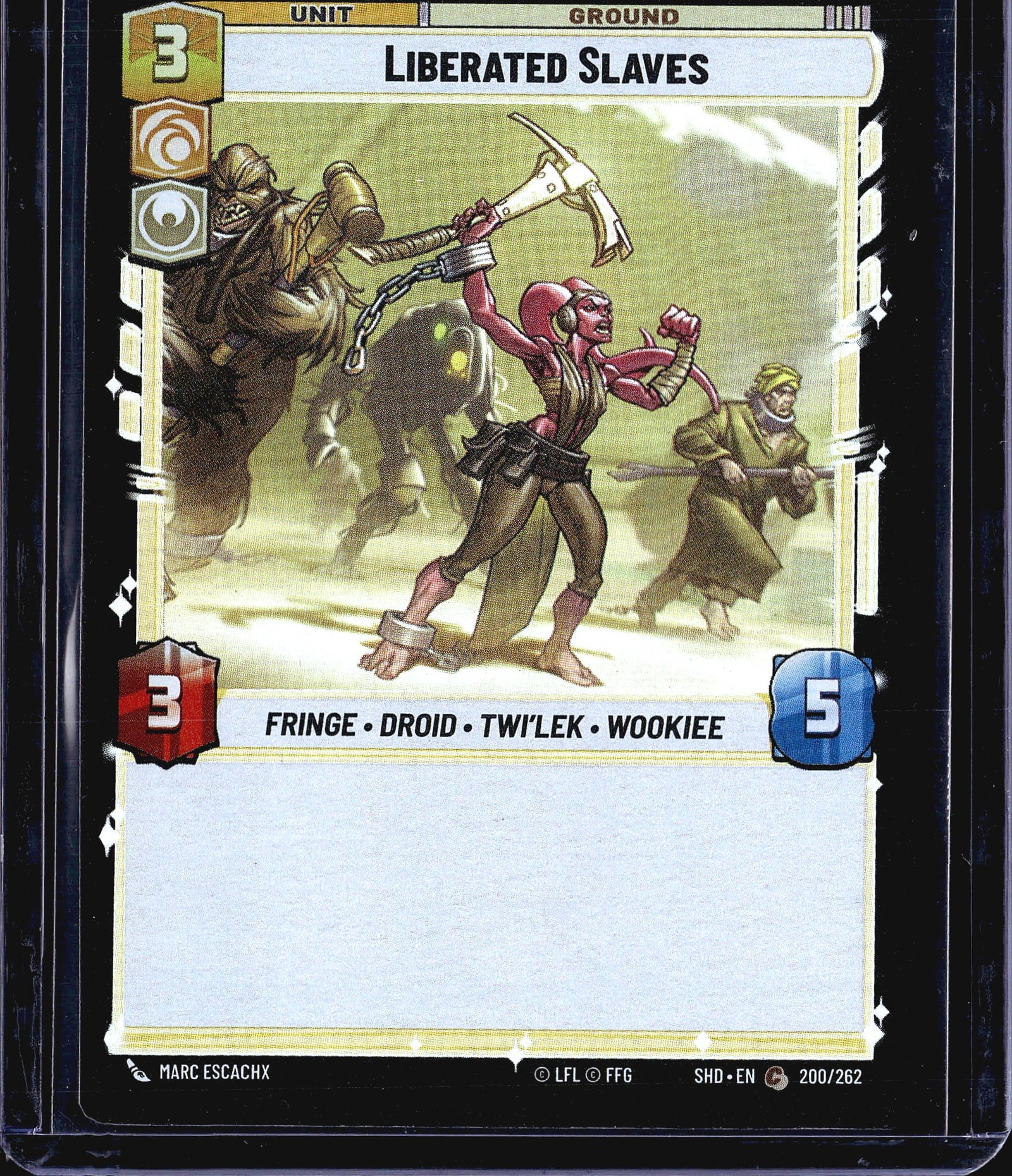 2024 Fantasy Flight Games Star Wars Unlimited Sha: This listing is for the Star Wars Unlimited TCG card 'Liberated Slaves,' card number 200/262 from the Shadows of the Galaxy set (SHD). It is a Unit - Ground type card with a cost of 3, attack power of