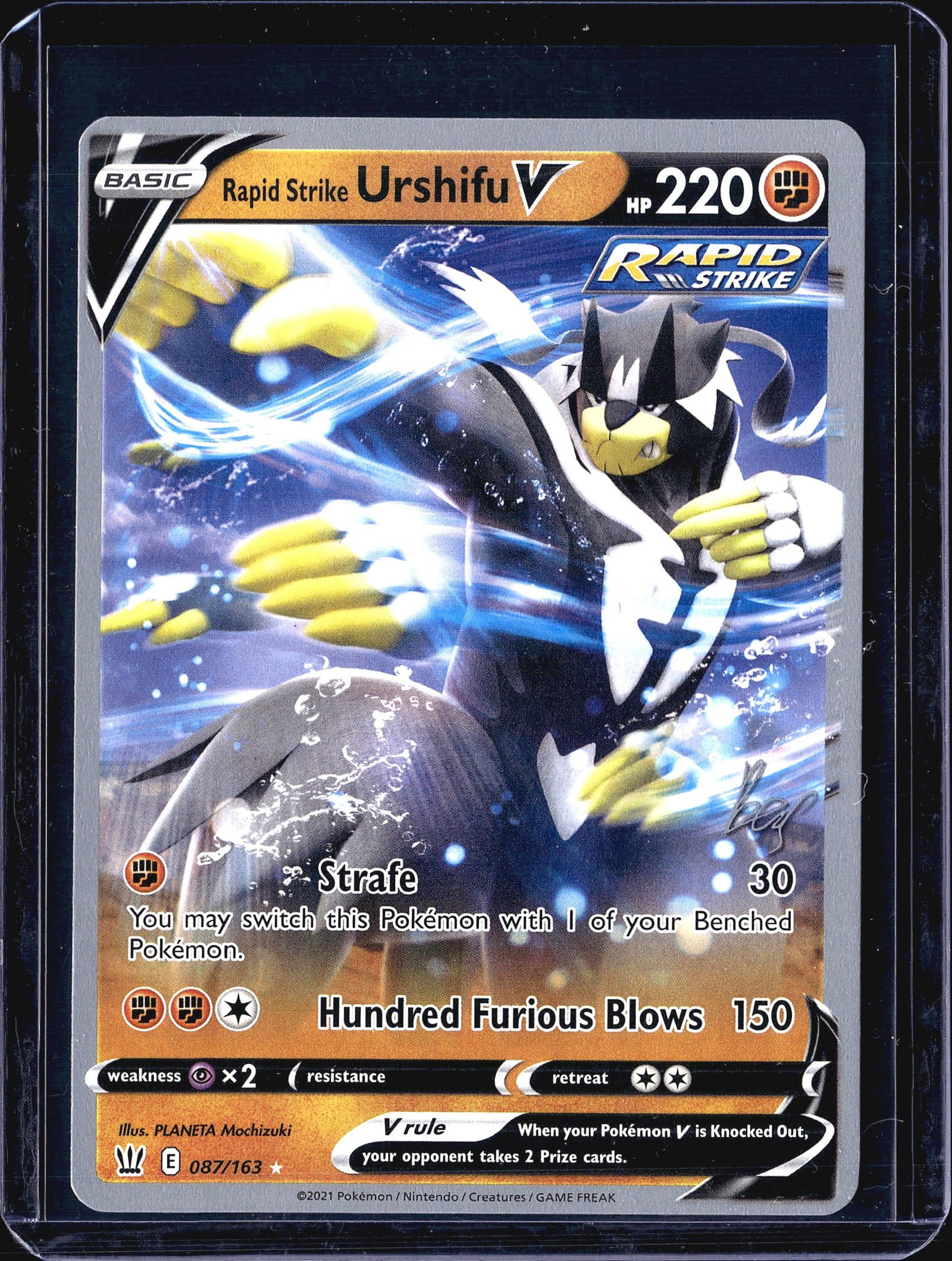 2021 Pokemon Battle Styles Rapid Strike Urshifu V: This is a 2021 Pokemon TCG card featuring Rapid Strike Urshifu V from the Battle Styles expansion set, numbered 087/163. The card is a Basic Pokemon V with 220 HP and the Fighting type. It features