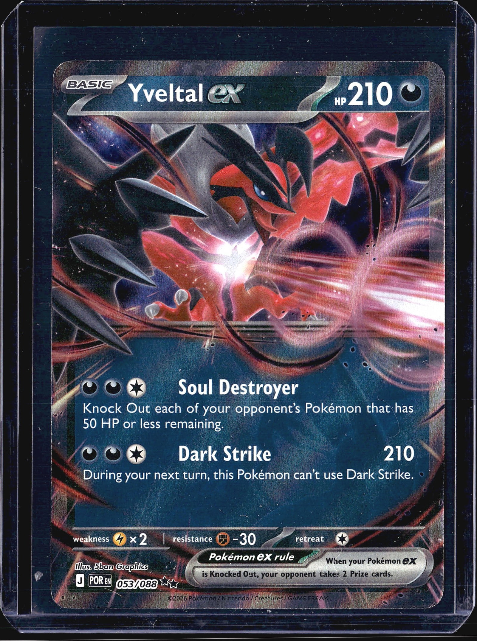 2024 Pokemon ME03 Perfect Order Yveltal 053/088 D: This listing features Yveltal ex, card number 053/088 from the 2026 Pokemon Trading Card Game set Journey Together (set code POR). This is a Basic Pokemon ex with 210 HP and the Darkness type. The car