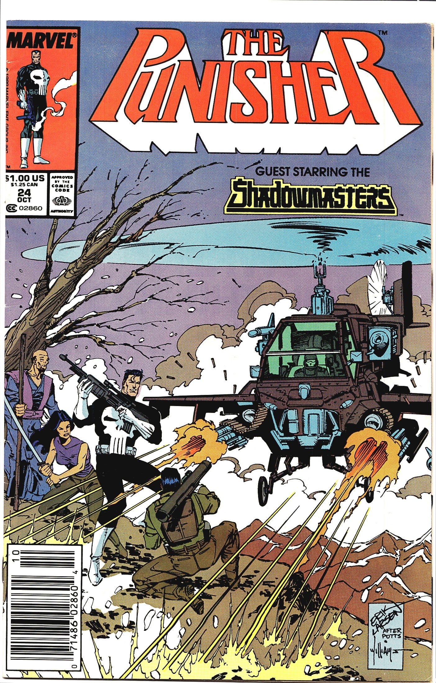 1989 Marvel The Punisher #24 1st Team Appearance: This is Issue #24 of Marvel Comics' The Punisher series, published in October 1989 and priced at $1.00 US / $1.25 CAN. The cover features the Punisher in an action-packed battle scene alongside the gu