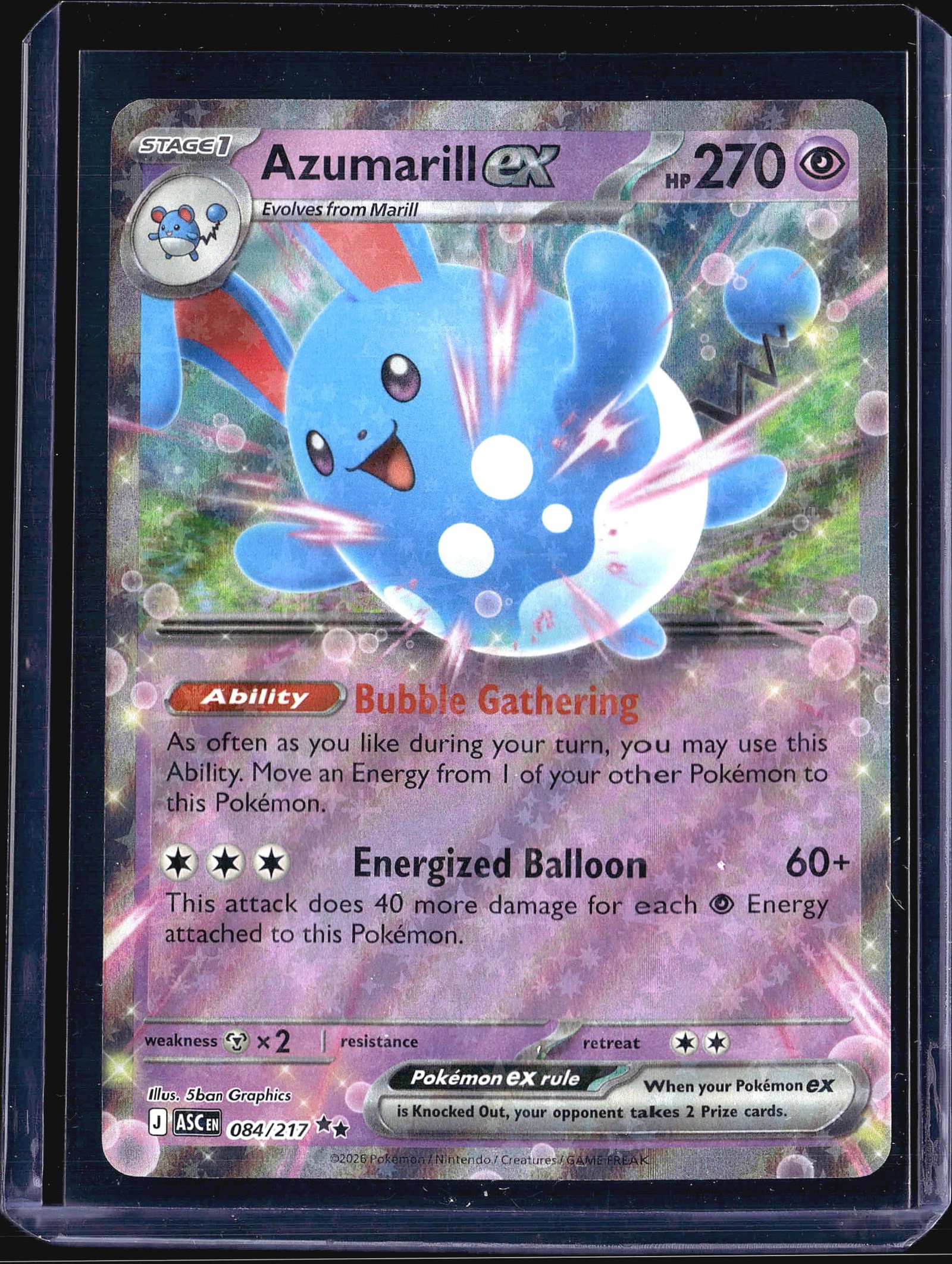 2024 Pokemon Ascended Heroes Azumarill ex 084/217: This listing features Azumarill ex (084/217) from the 2026 Pokemon Trading Card Game set Astral Storm (set code ASC), illustrated by 5ban Graphics. This is a Stage 1 Psychic-type Pokemon ex card with 
