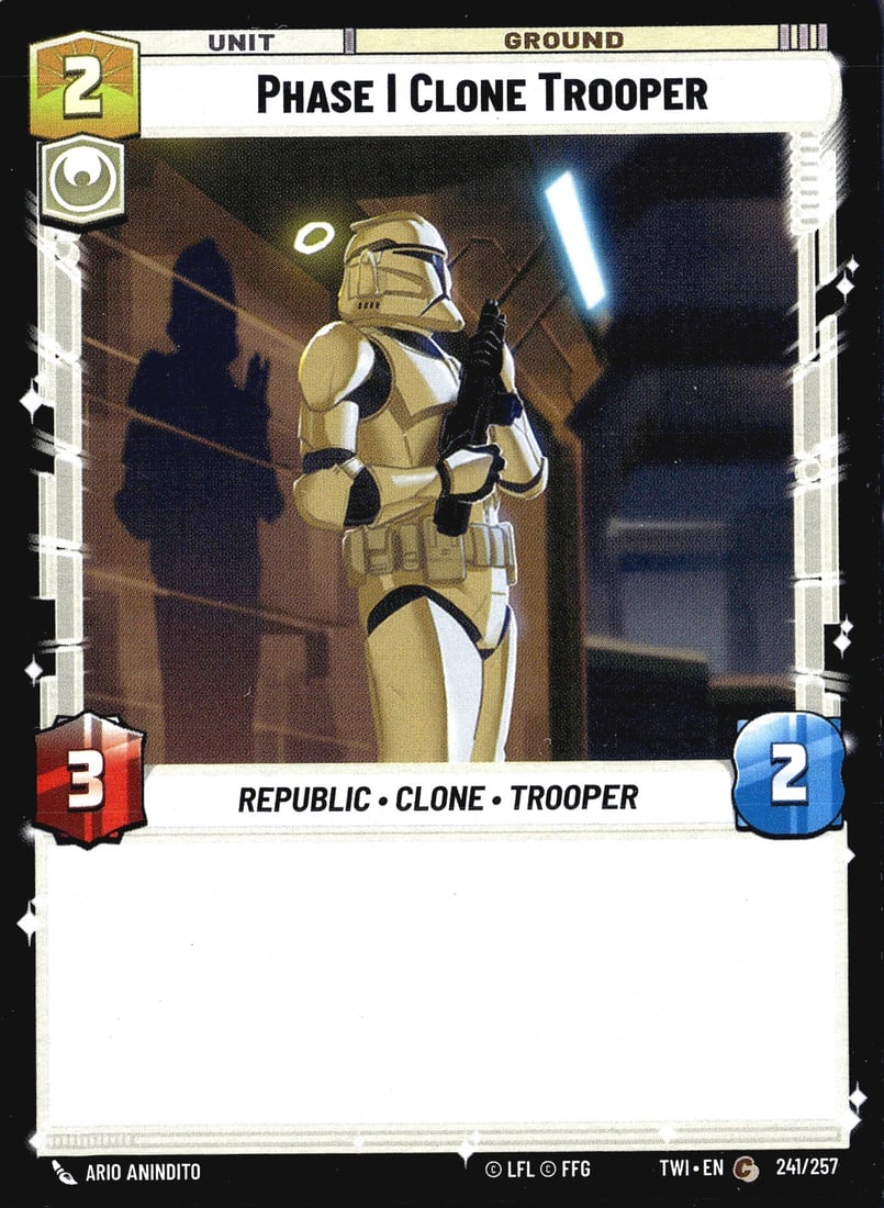 2024 FFG Star Wars Unlimited Twilight of the Repu: This listing is for the Phase I Clone Trooper unit card from Star Wars Unlimited: Twilight of the Republic (TWI), card number 241/257. The card is a Ground Unit type featuring the Republic Clone