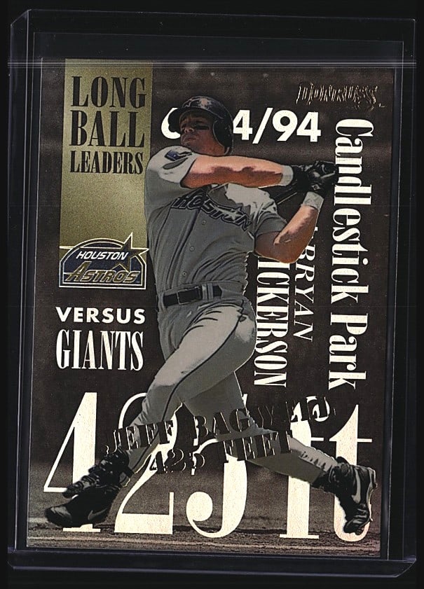 1995 Donruss Long Ball Leaders #8 Jeff Bagwell Ba: This 1995 Donruss Long Ball Leaders #8 card features Jeff Bagwell, the Houston Astros slugger known for his powerful hitting during the 1990s. The card is in Near Mint condition, displaying strong pri
