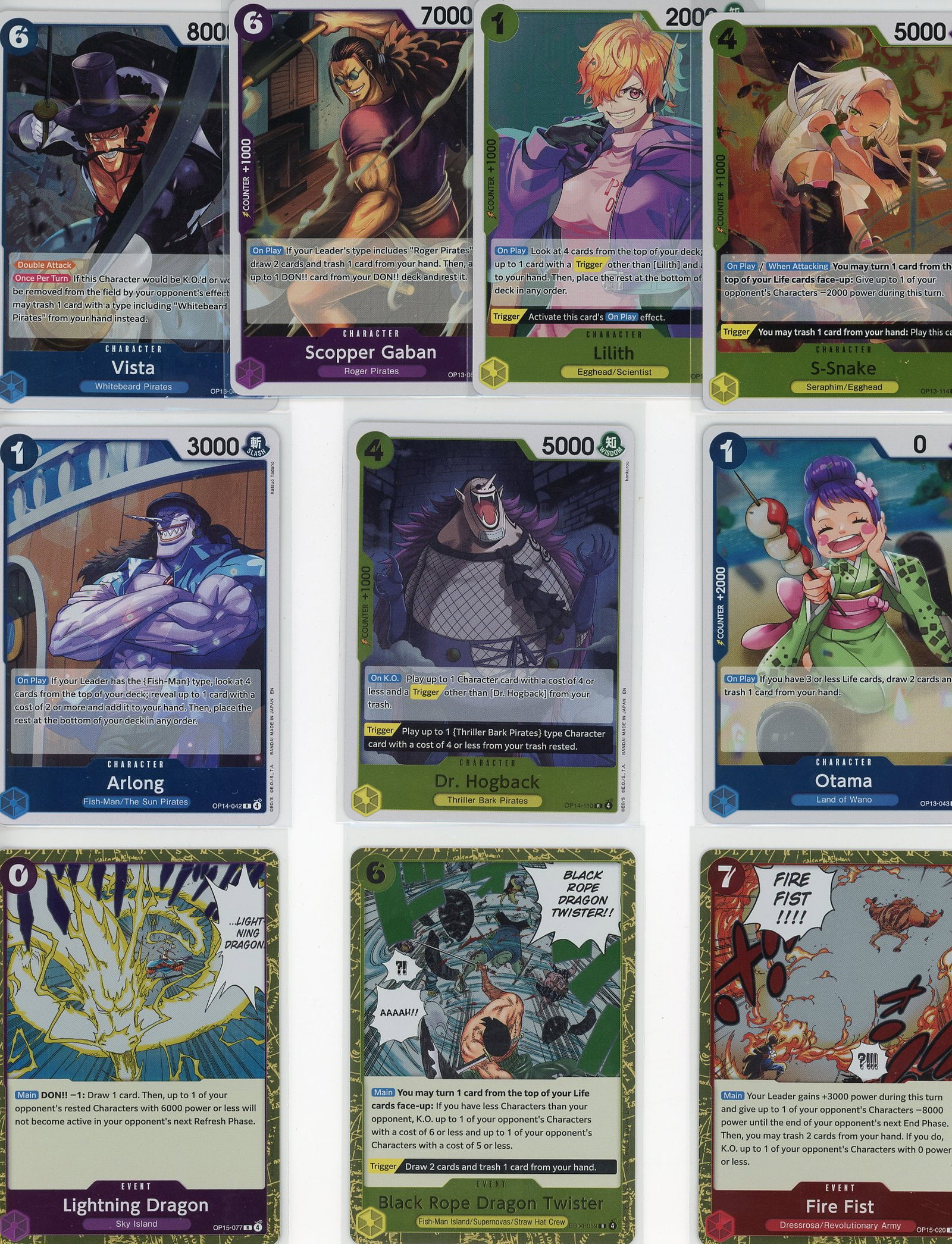Lot of 10 One Piece Foil Trading Cards - Bandai T: This lot includes 10 One Piece foil trading cards from the Bandai One Piece Trading Card Game. The collection features a diverse mix of character cards including Vista, Scooper Gaban, Kin'emon,
