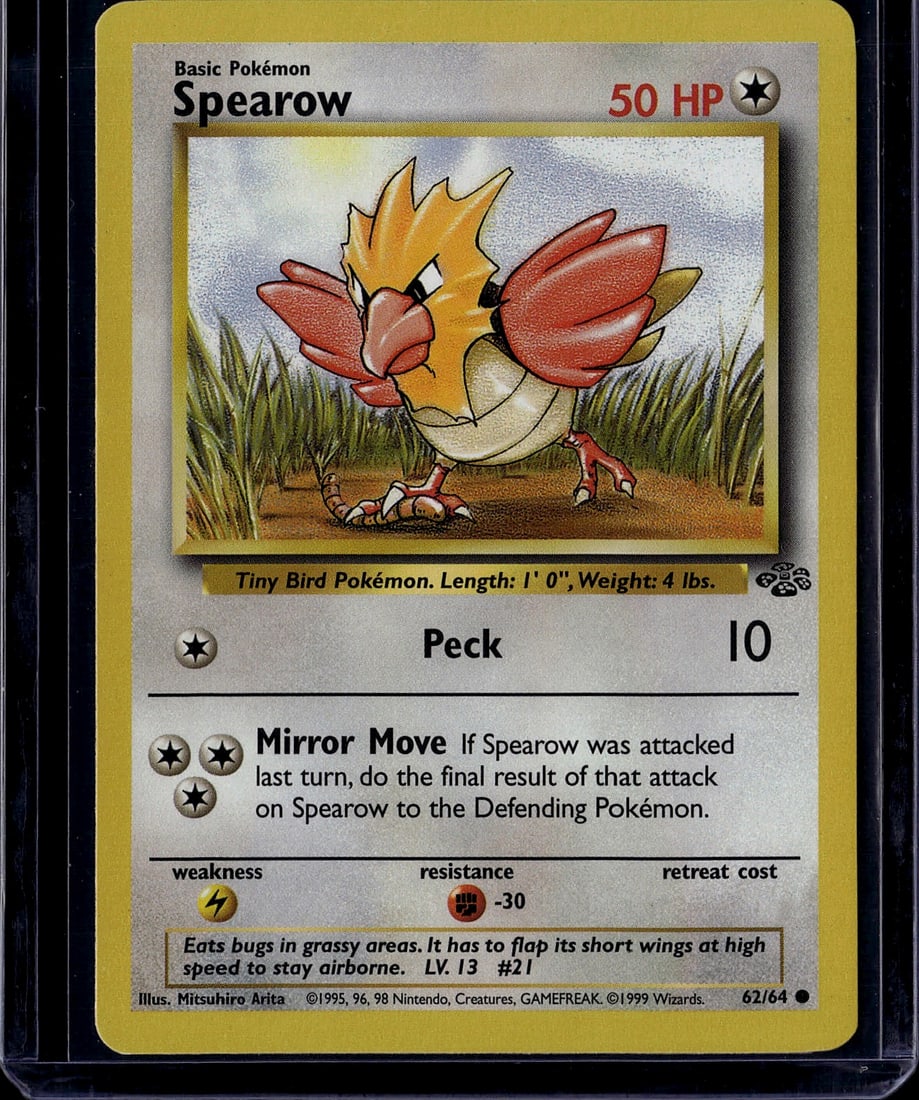 1999 Wizards of the Coast Pokemon Jungle Spearow: Spearow is a Common, Basic Colorless-type Pokemon card from the Jungle set, the second expansion of the Pokemon TCG released on June 16, 1999. The Jungle set contains 64 cards total and was published 