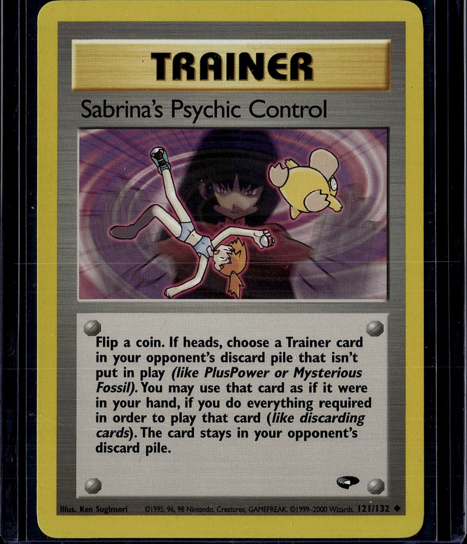 1999 Wizards of the Coast Pokemon Gym Challenge S: This is an original Sabrina's Psychic Control Trainer card from the 1999 Pokemon Trading Card Game set, card number 121/132. The card features artwork by Ken Sugimori and displays the iconic psychic