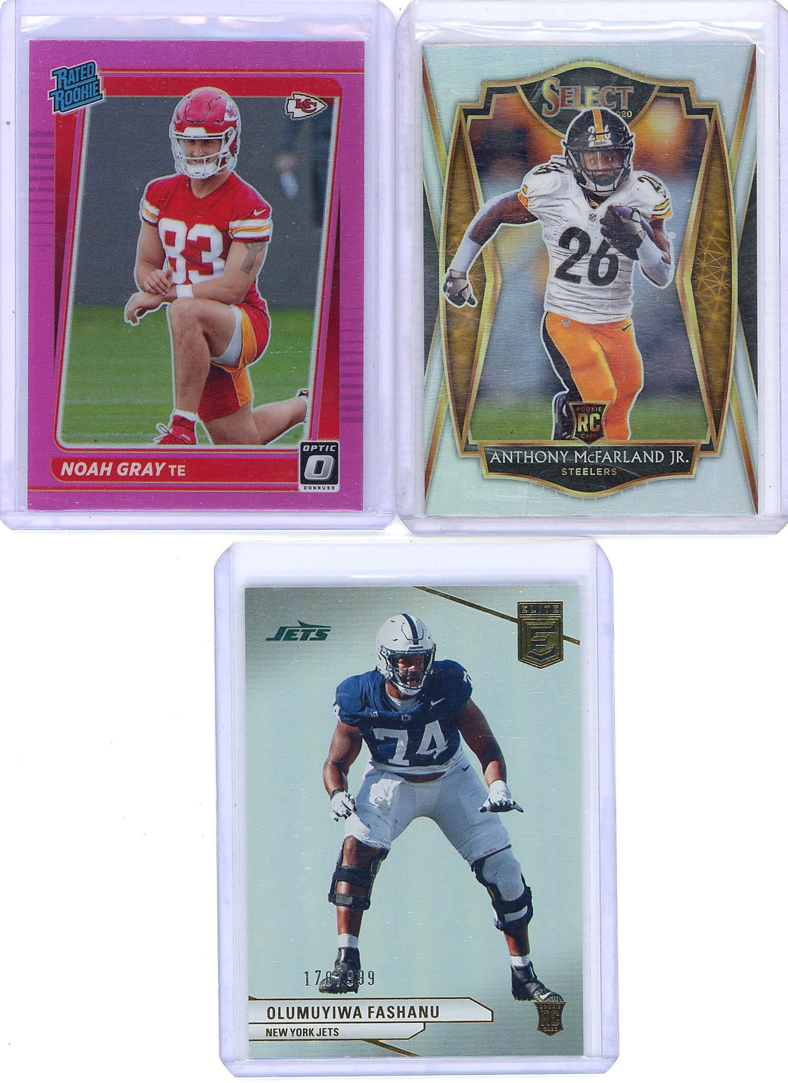 Lot of 3 Football Rookie Cards - Gray, McFarland: This lot contains three NFL rookie cards: Noah Gray (Kansas City Chiefs, 2021 Donruss Optic Prizm #P-309), Anthony McFarland Jr. (Pittsburgh Steelers, 2020 Panini Select), and Olamuyiwa Fashanu (New