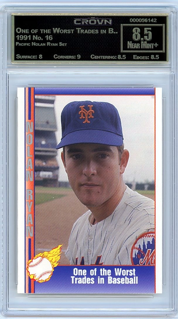 1991 Pacific Nolan Ryan Set #16 Card Crown Graded: This is a 1991 Pacific Nolan Ryan Set card #16, professionally graded and slabbed by Crown with a grade of 8.5. The card captures a key moment from one of baseball's most legendary careers during the