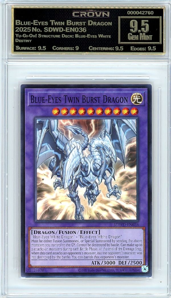 2025 Blue-Eyes Twin Burst Dragon SDWD-EN036 Crown: This is a 2025 Blue-Eyes Twin Burst Dragon card from the Yu-Gi-Oh! Structure Deck: Blue-Eyes White Destiny set, card number SDWD-EN036. It represents a modern release in the iconic Blue-Eyes