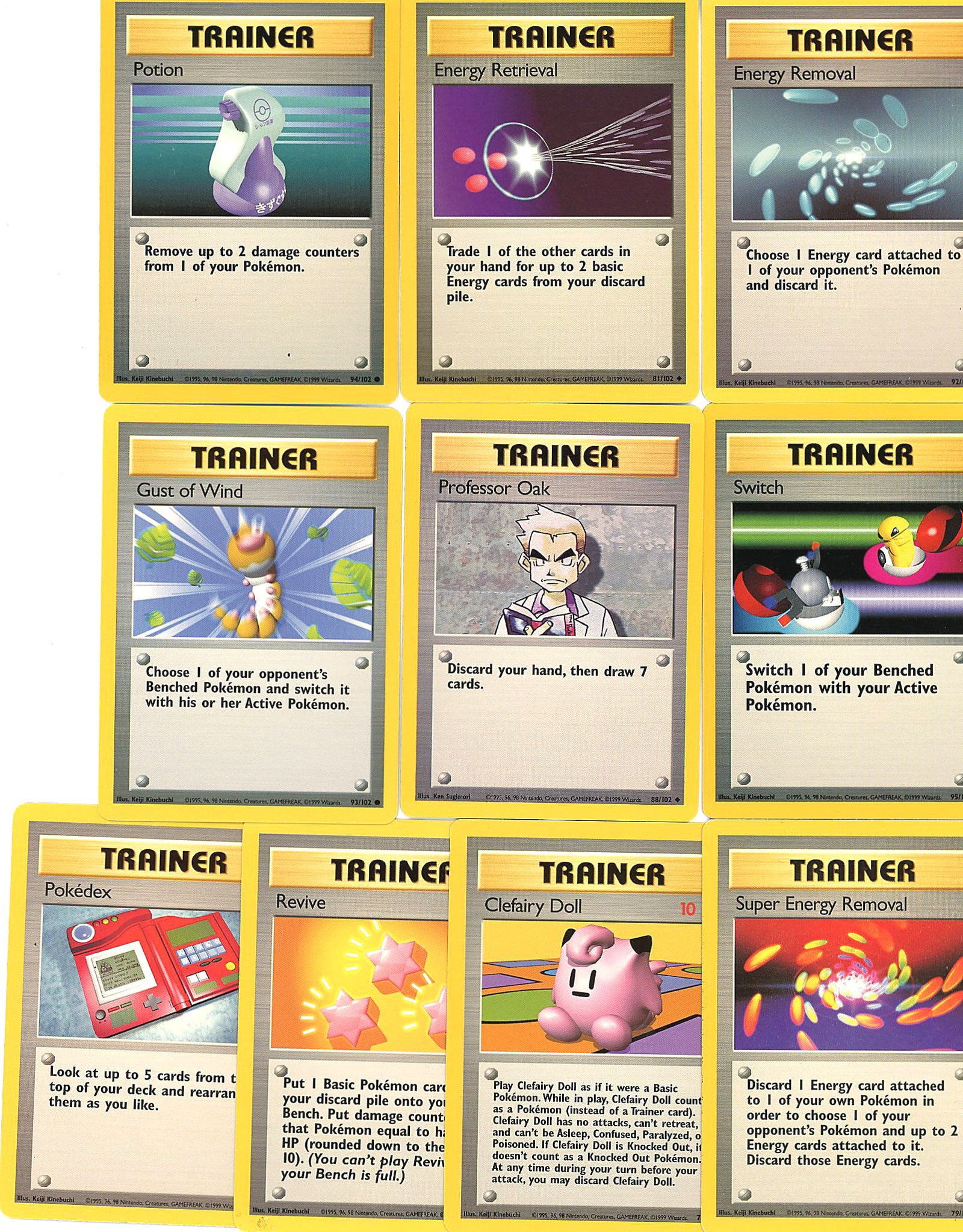 Pokemon TCG Raw Singles Lot - Trainer Cards Vinta: This lot contains raw, ungraded Pokemon Trading Card Game singles featuring Trainer cards from various vintage sets. The visible cards include Potion, Energy Retrieval, Energy Removal, Gust of Wind, P