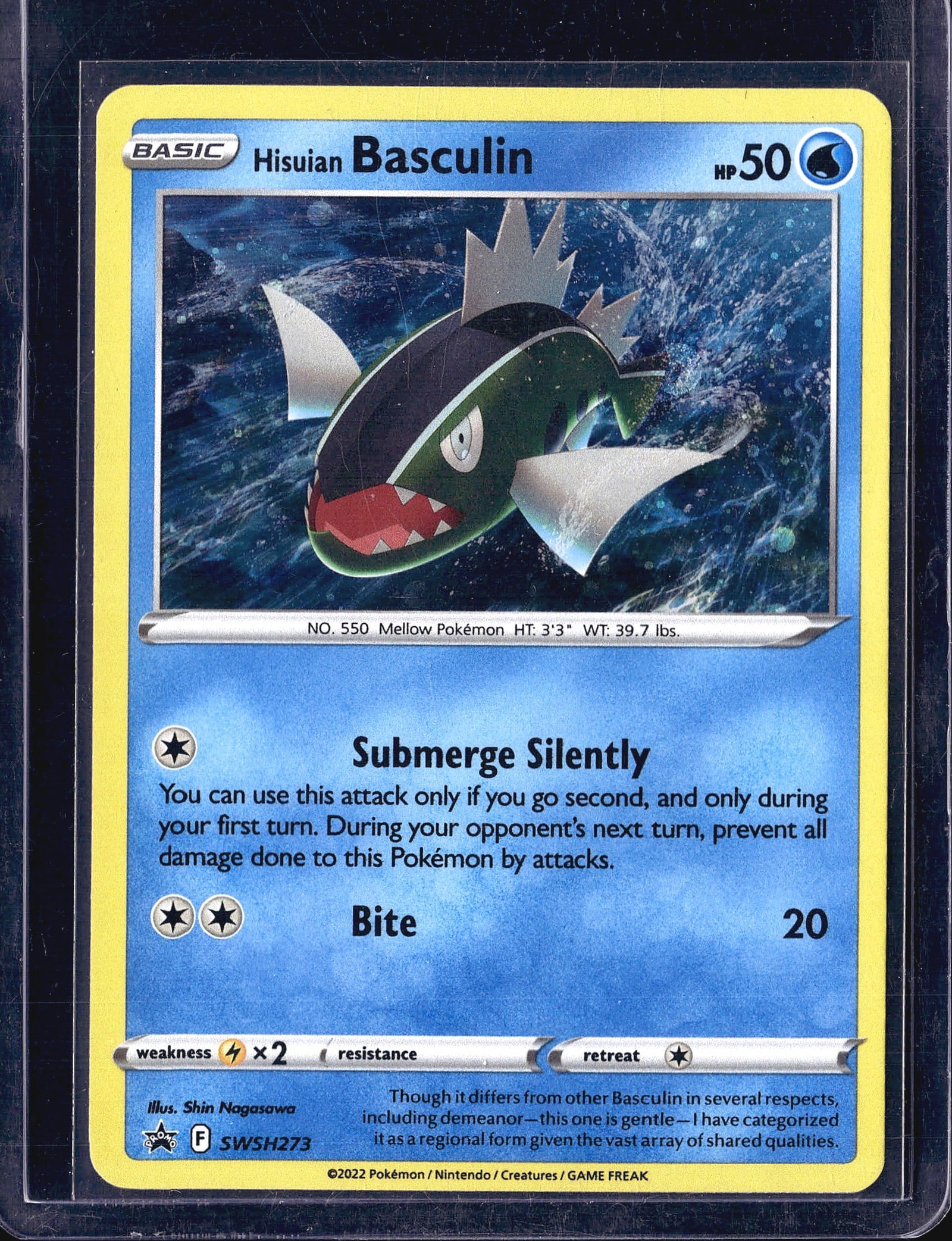 2022 Hisuian Basculin SWSH273 Black Star Promo Po: This listing features a 2022 Pokemon TCG Hisuian Basculin, card number SWSH273, from the Sword & Shield promotional series. It is a Basic Water-type Pokemon with 50 HP, illustrated by Shin Nagasawa.