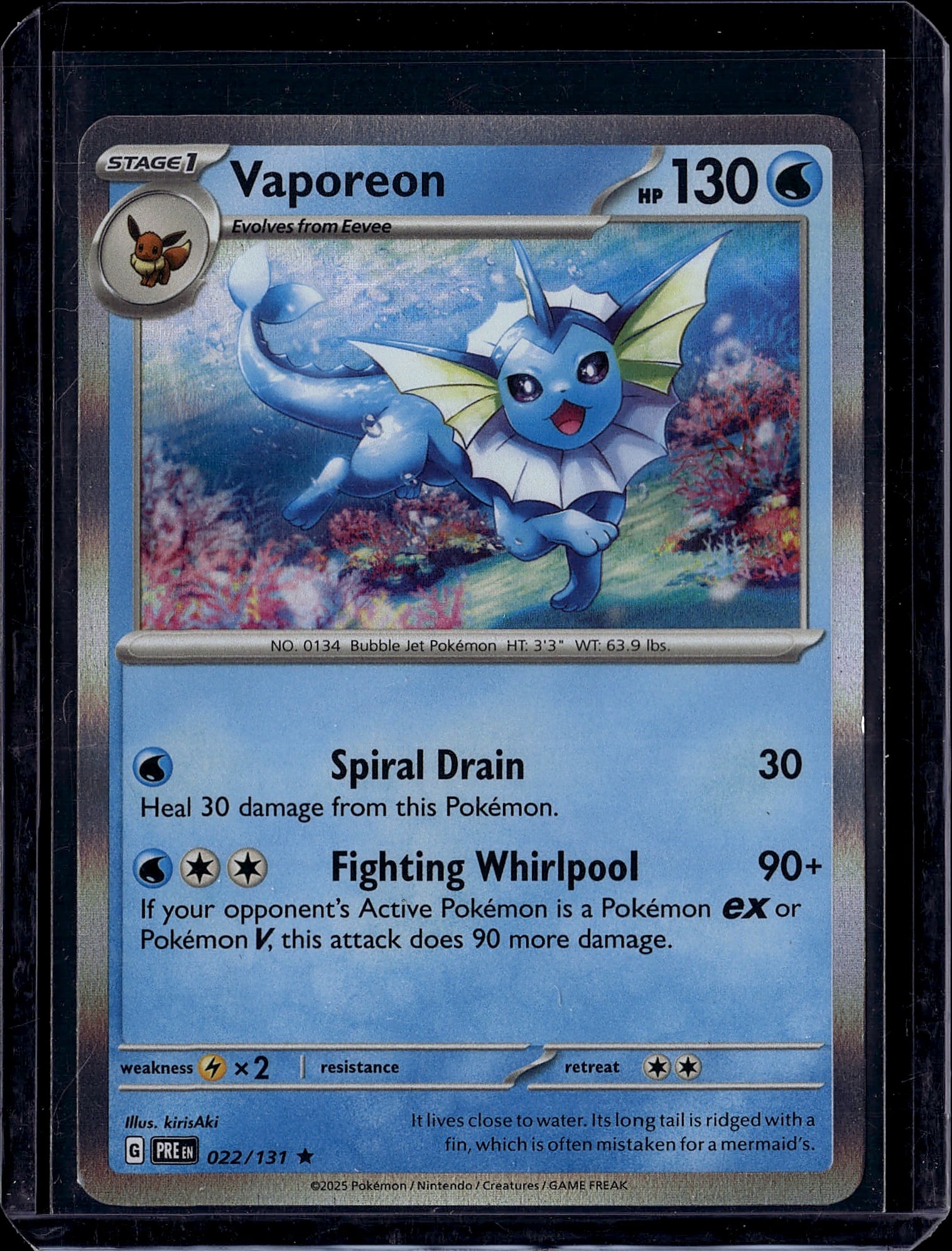 Vaporeon 022/131 Pokemon Scarlet & Violet Stage 1: This is a raw Vaporeon Pokemon trading card from the Scarlet & Violet set, card number 022/131. Vaporeon is a Stage 1 Water-type Pokemon that evolves from Fovee, featuring 130 HP with vibrant artwork