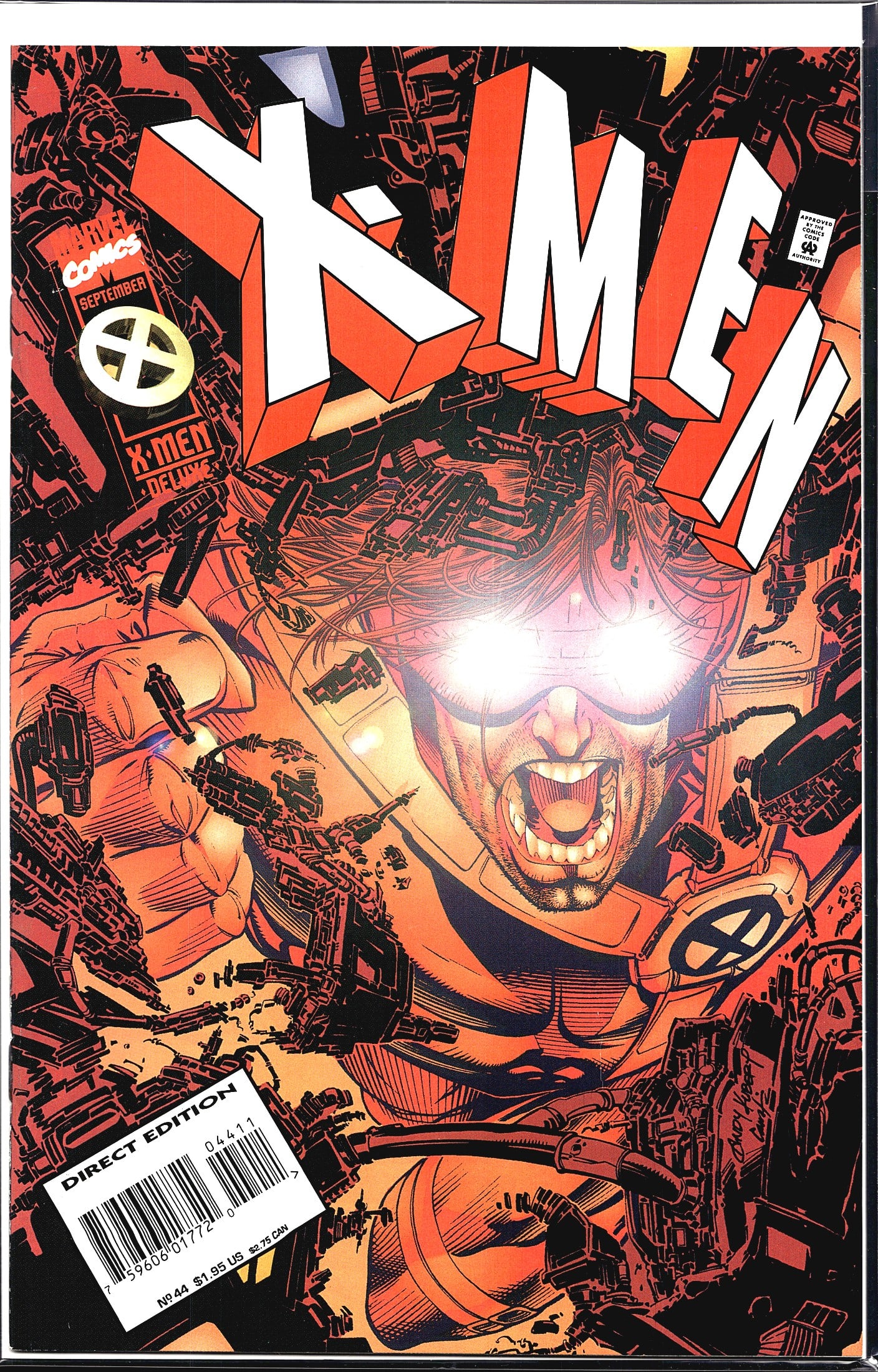 1995 Marvel X-Men 1991 Series #44 Comic Card: This is X-Men Deluxe #44 published by Marvel Comics, issued in September 1995 as a Direct Edition. The cover features a dramatic close-up of a male mutant character - appearing to be Cyclops - with