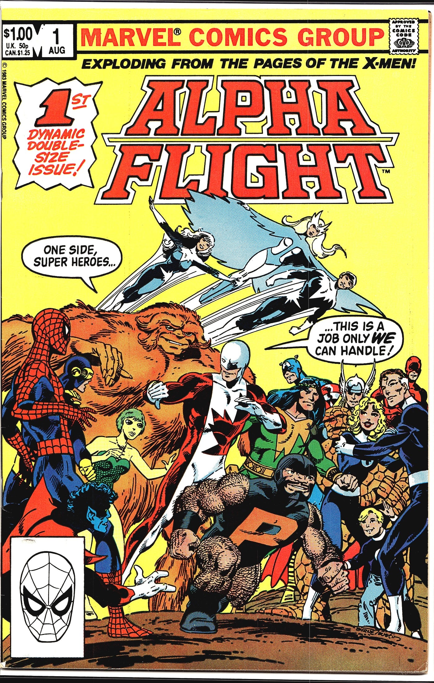 Marvel Alpha Flight 1 1983 Giant-Size Double-Size: Alpha Flight #1 (August 1983) from Marvel Comics Group, proudly marked as the '1st Dynamic Double-Size Issue!' This landmark debut issue features the tagline 'Exploding from the Pages of the X-Men!'