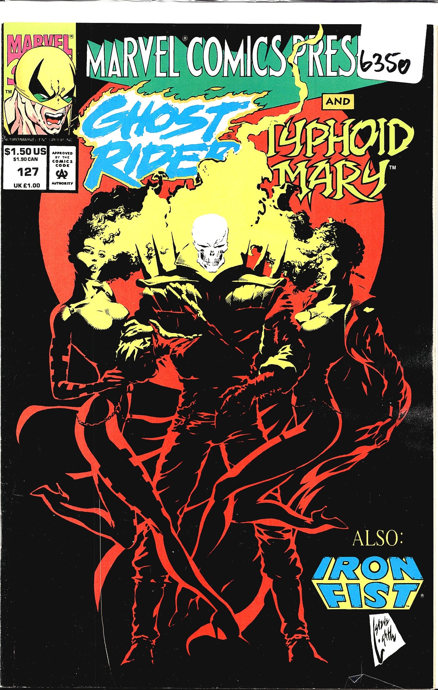 1993 Marvel Comics Presents #127 Ghost Rider Typh: Marvel Comics Presents #127 (1993) features Ghost Rider and Typhoid Mary as the main cover story, with Iron Fist also included as an additional feature. The striking black, red, and yellow cover art s