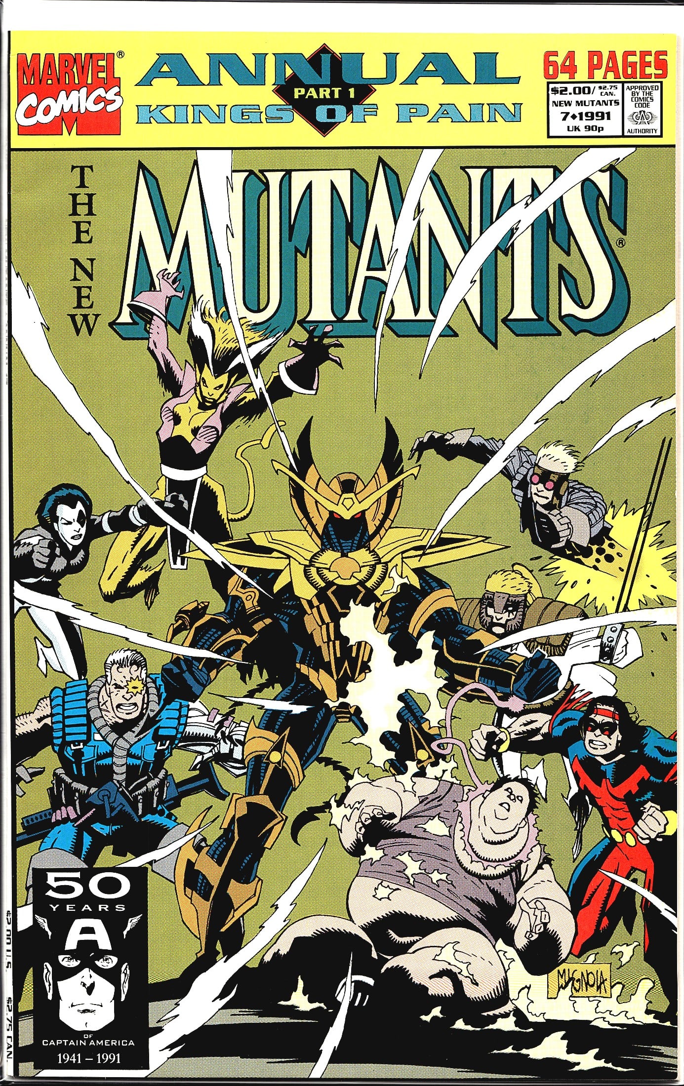 1991 Marvel Comics The New Mutants Annual #7: This is The New Mutants Annual #7 (1991) published by Marvel Comics, featuring the 'Kings of Pain' storyline Part 1. The cover is illustrated by Mike Mignola, as signed in the lower right corner, and 