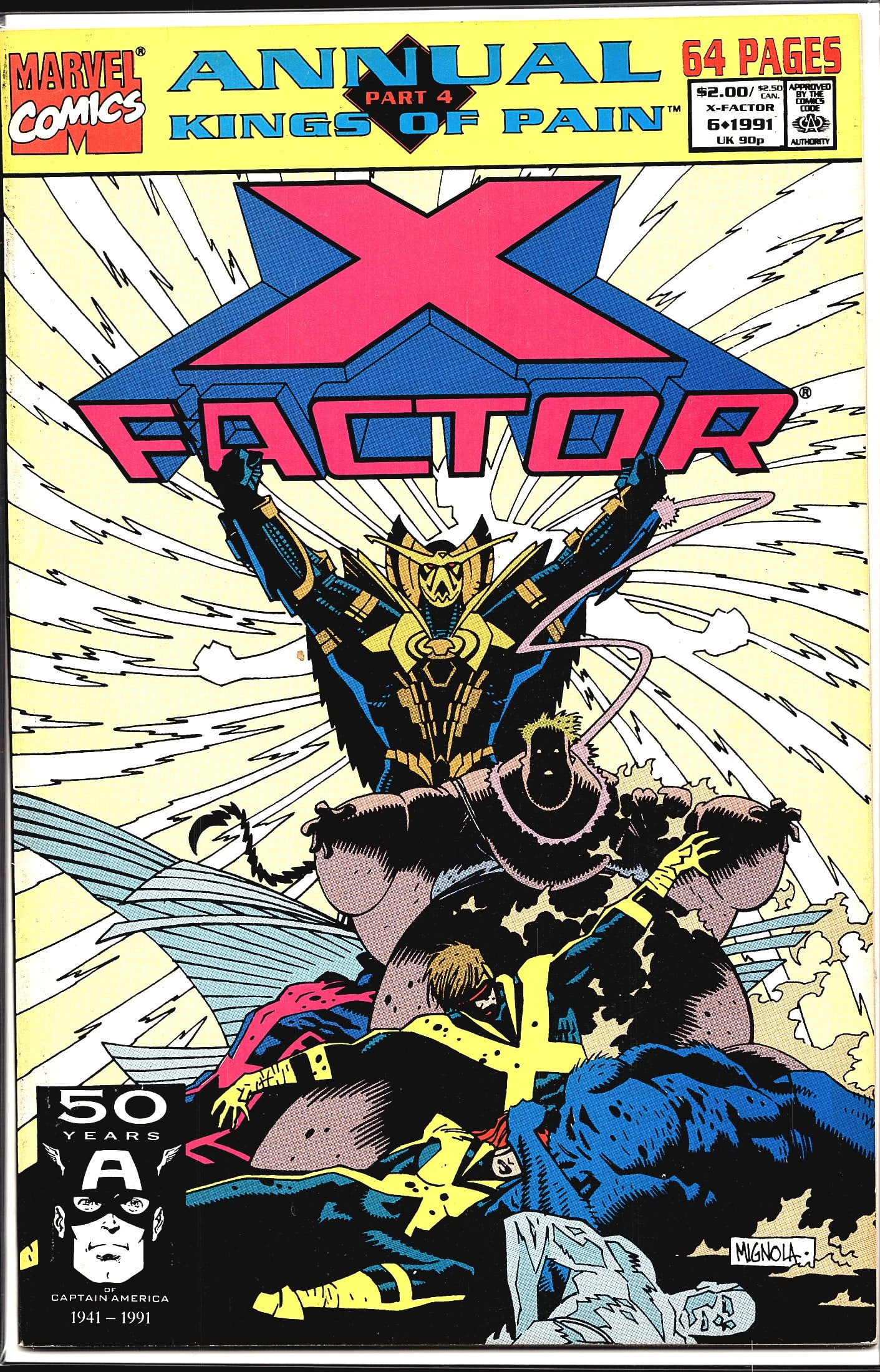 1991 Marvel Comics X-Factor Annual #6 Comic Book: This is Marvel Comics' X-Factor Annual #6, published in 1991 and priced at $2.00 ($2.50 Canadian). The issue is part of the 'Kings of Pain' crossover storyline, specifically Part 4, and runs 64 pages.