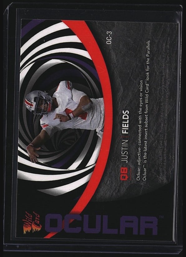 2021 Illumination Wild Card Justin Fields Ocular: This 2021 Illumination Wild Card Justin Fields Ocular card is offered in Mint condition. The card features Fields from the Wild Card set, part of Illumination's trading card offerings from that year.